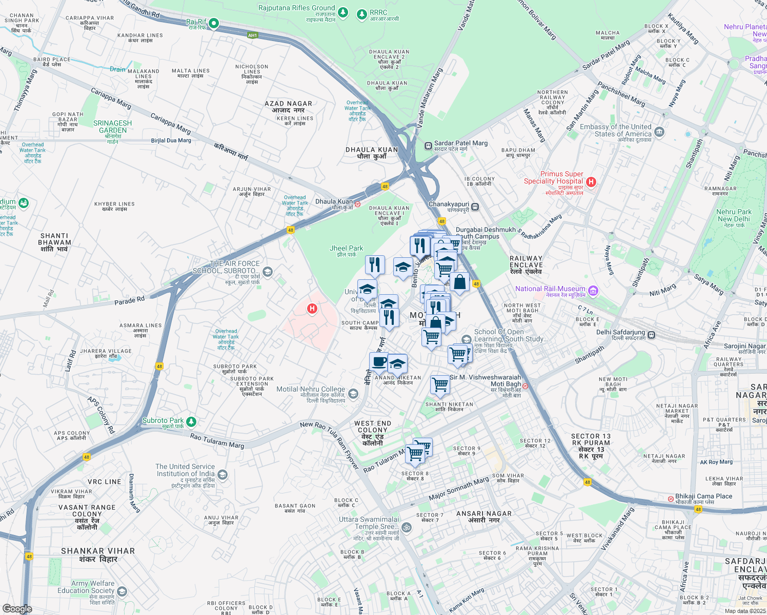 map of restaurants, bars, coffee shops, grocery stores, and more near Benito Juarez Marg in New Delhi