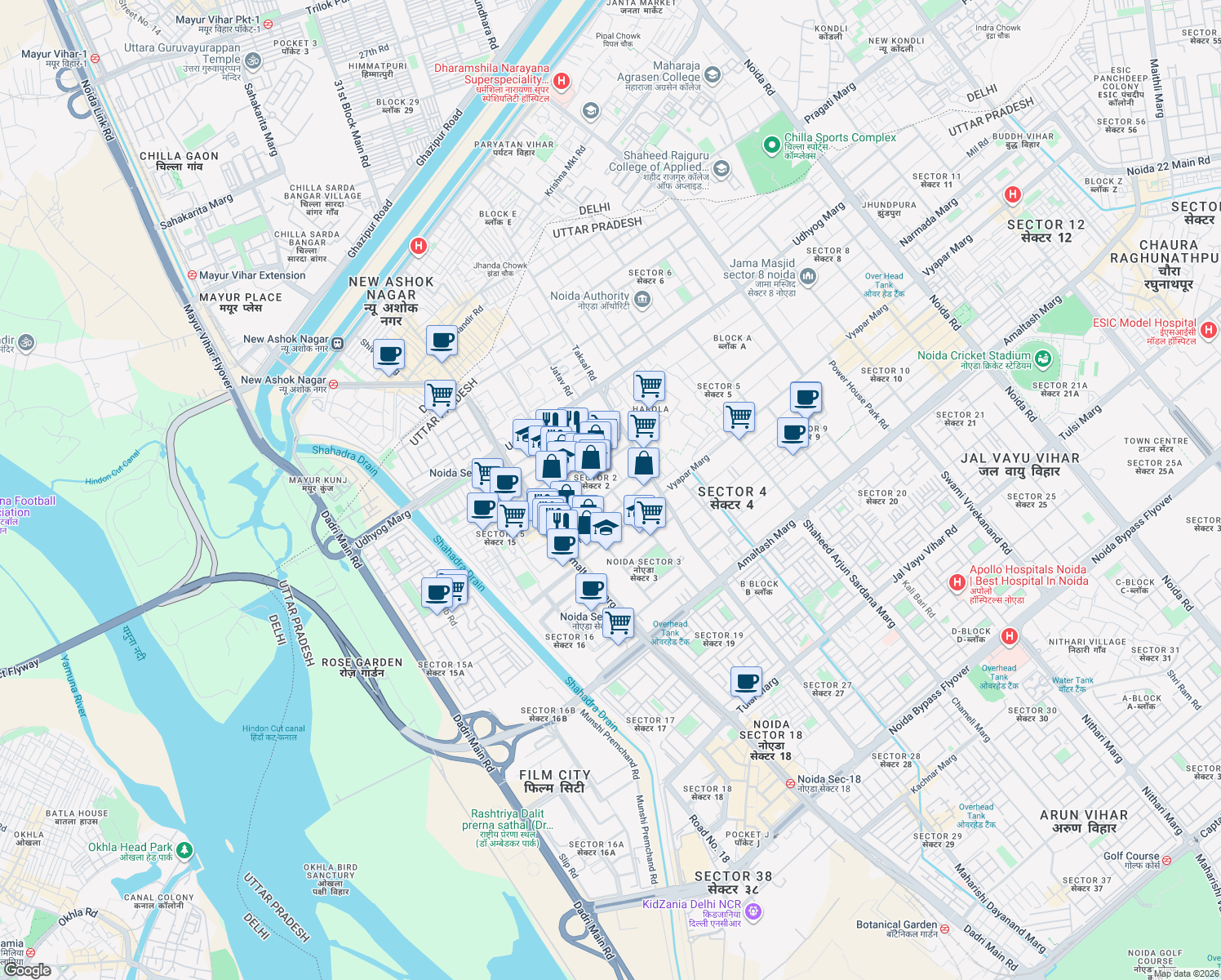 map of restaurants, bars, coffee shops, grocery stores, and more near in Noida