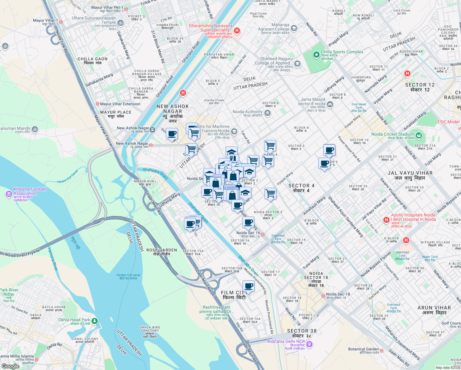 map of restaurants, bars, coffee shops, grocery stores, and more near in Noida