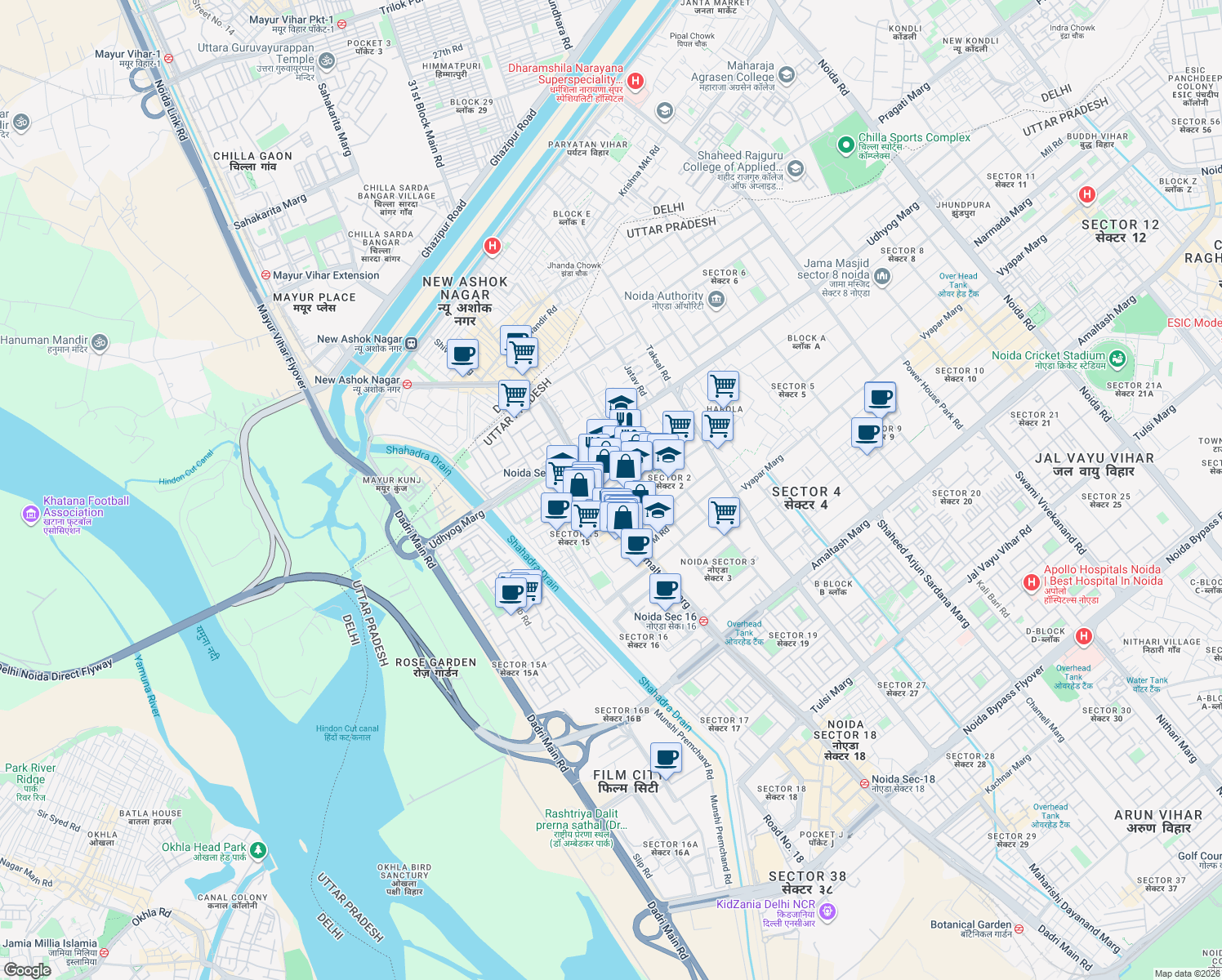 map of restaurants, bars, coffee shops, grocery stores, and more near in Noida