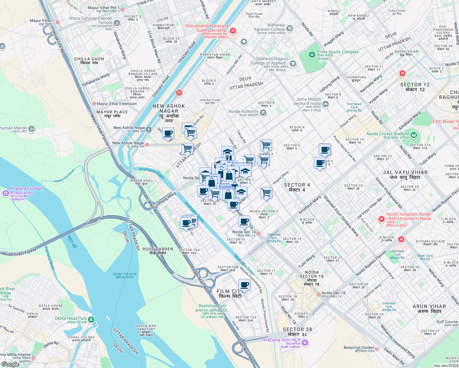map of restaurants, bars, coffee shops, grocery stores, and more near in Noida