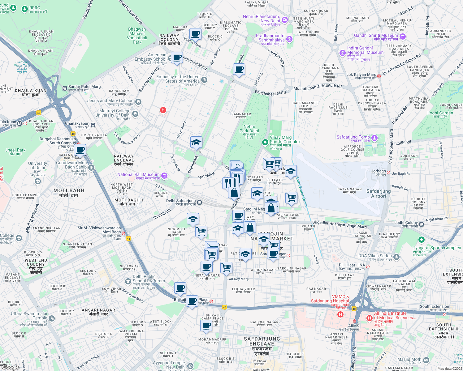 map of restaurants, bars, coffee shops, grocery stores, and more near in New Delhi