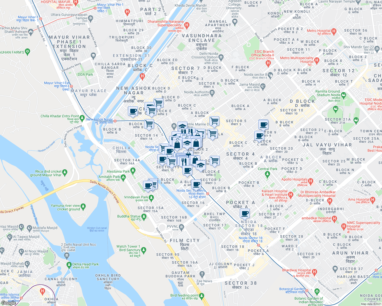 map of restaurants, bars, coffee shops, grocery stores, and more near in Noida