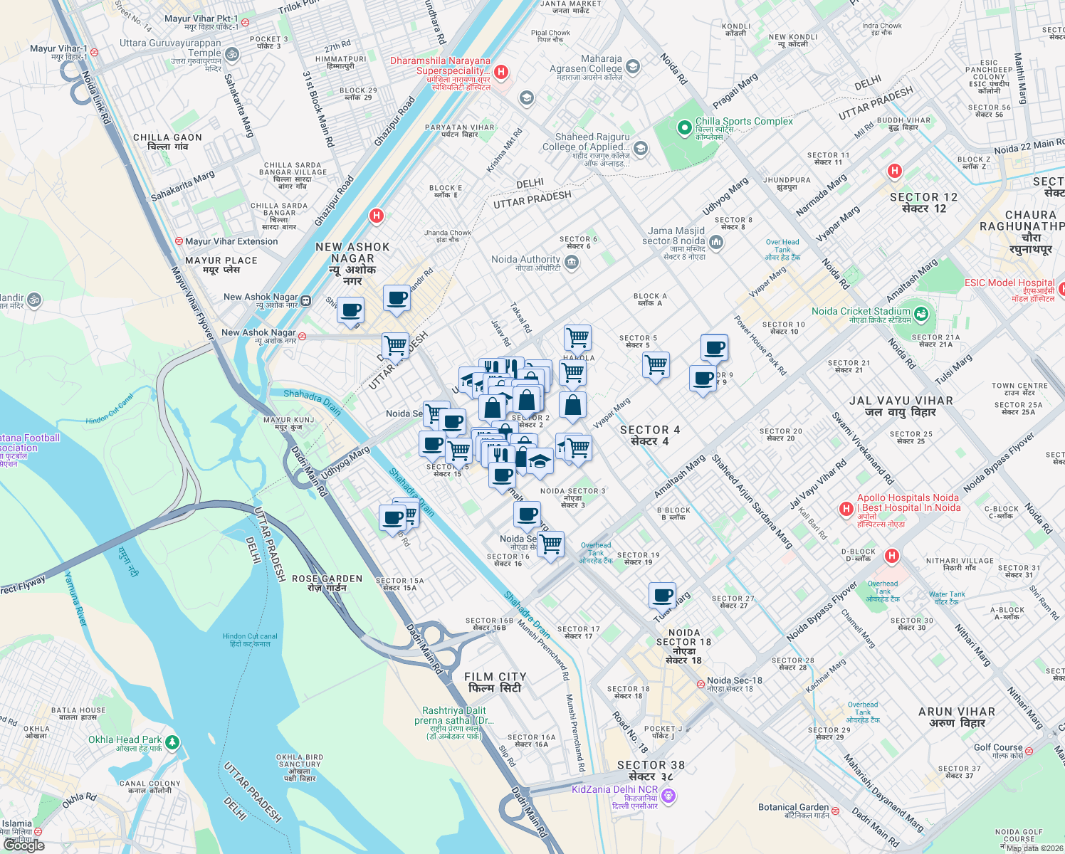 map of restaurants, bars, coffee shops, grocery stores, and more near in Noida