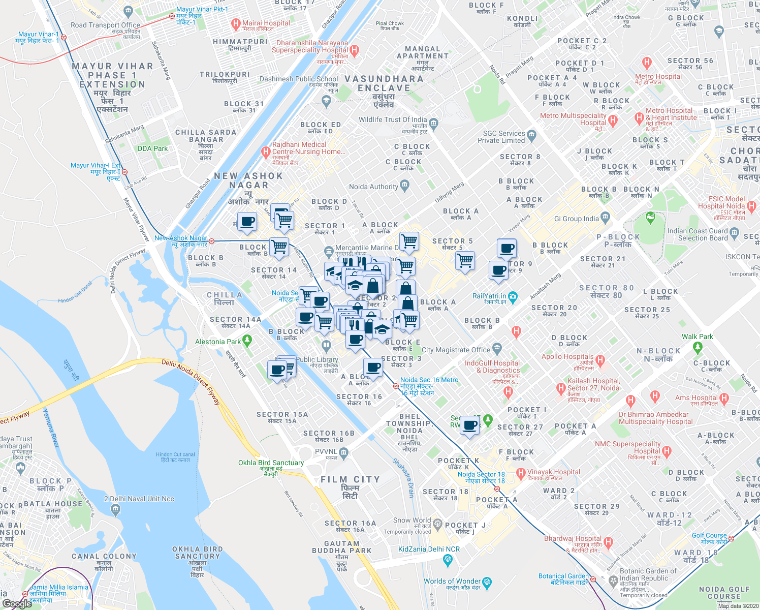 map of restaurants, bars, coffee shops, grocery stores, and more near in Noida