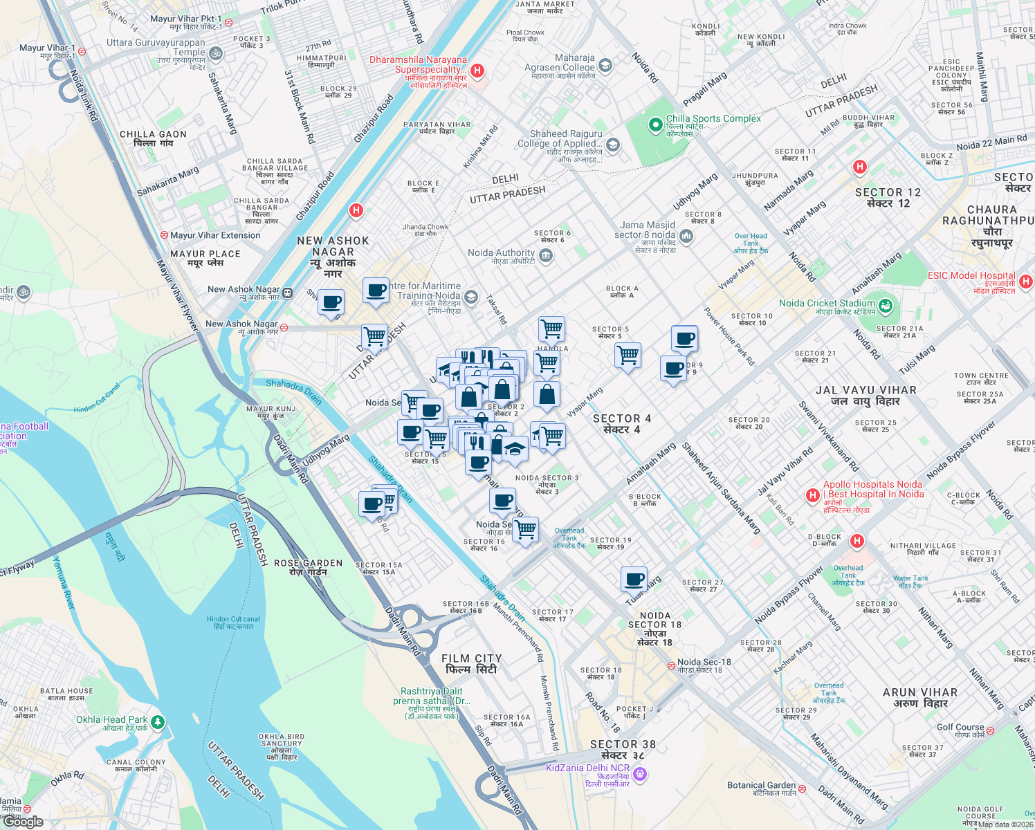 map of restaurants, bars, coffee shops, grocery stores, and more near in Noida