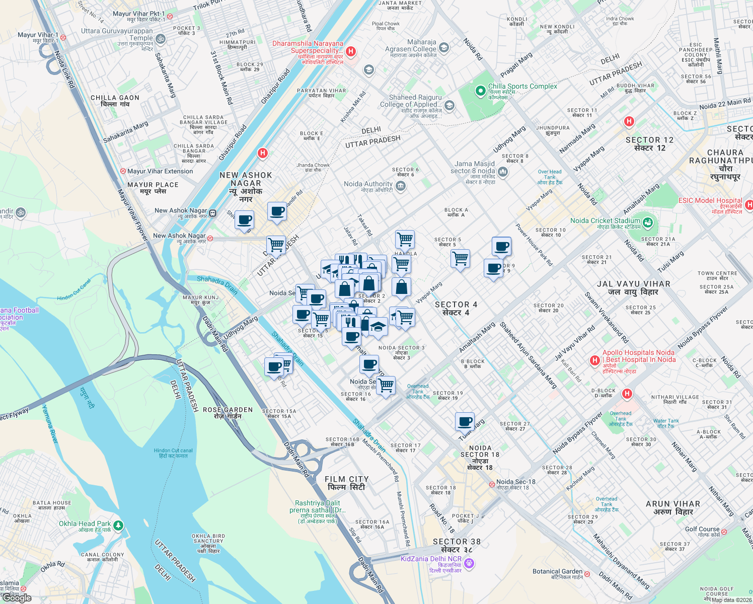 map of restaurants, bars, coffee shops, grocery stores, and more near in Noida