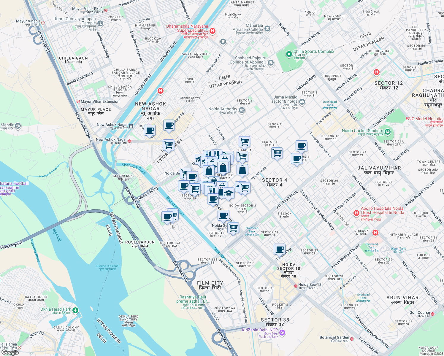map of restaurants, bars, coffee shops, grocery stores, and more near in Noida