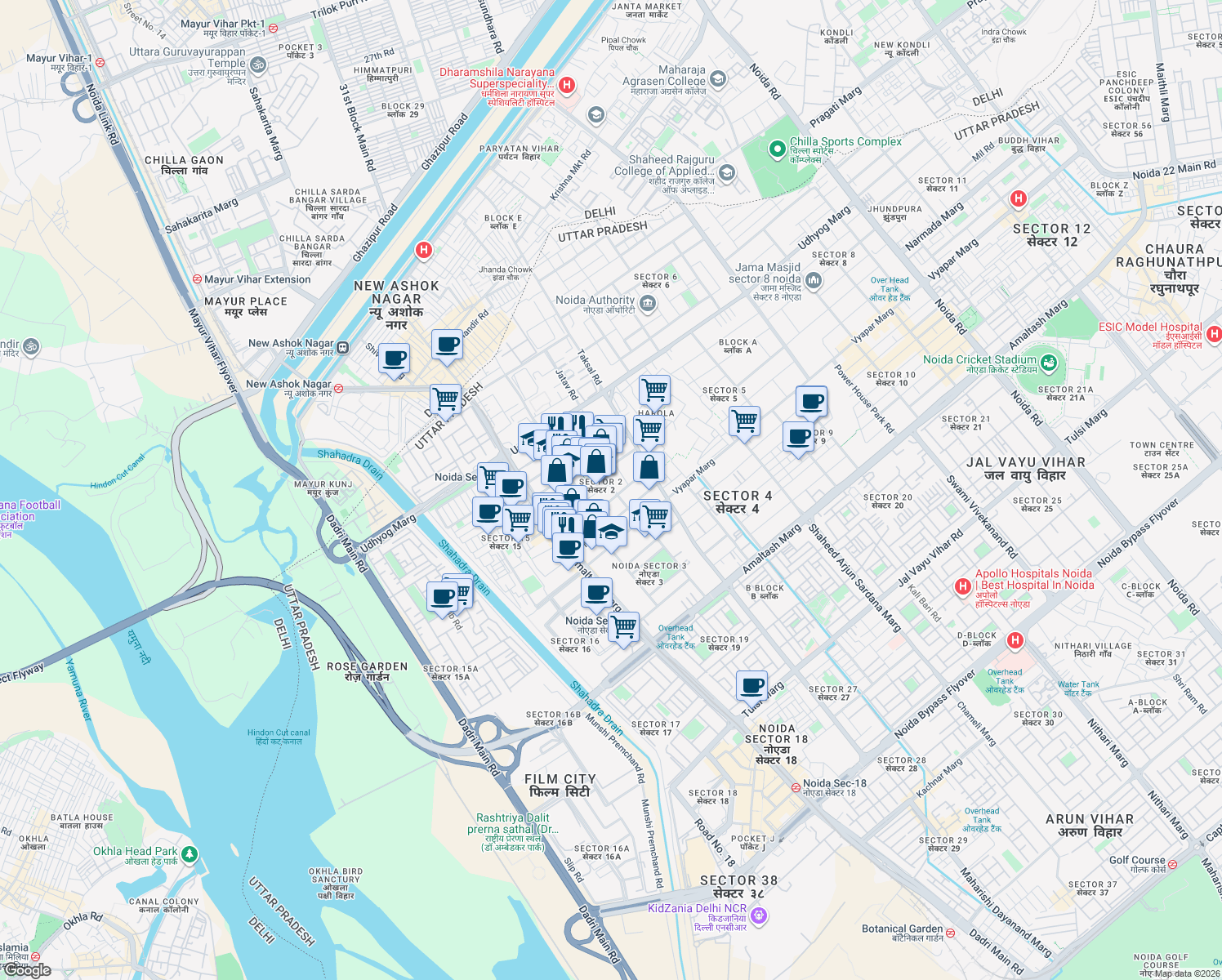 map of restaurants, bars, coffee shops, grocery stores, and more near in Noida