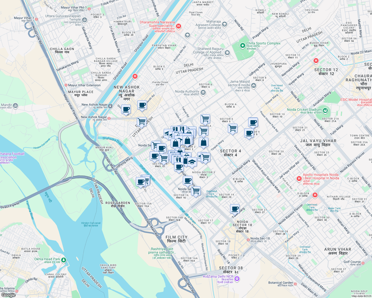 map of restaurants, bars, coffee shops, grocery stores, and more near in Noida