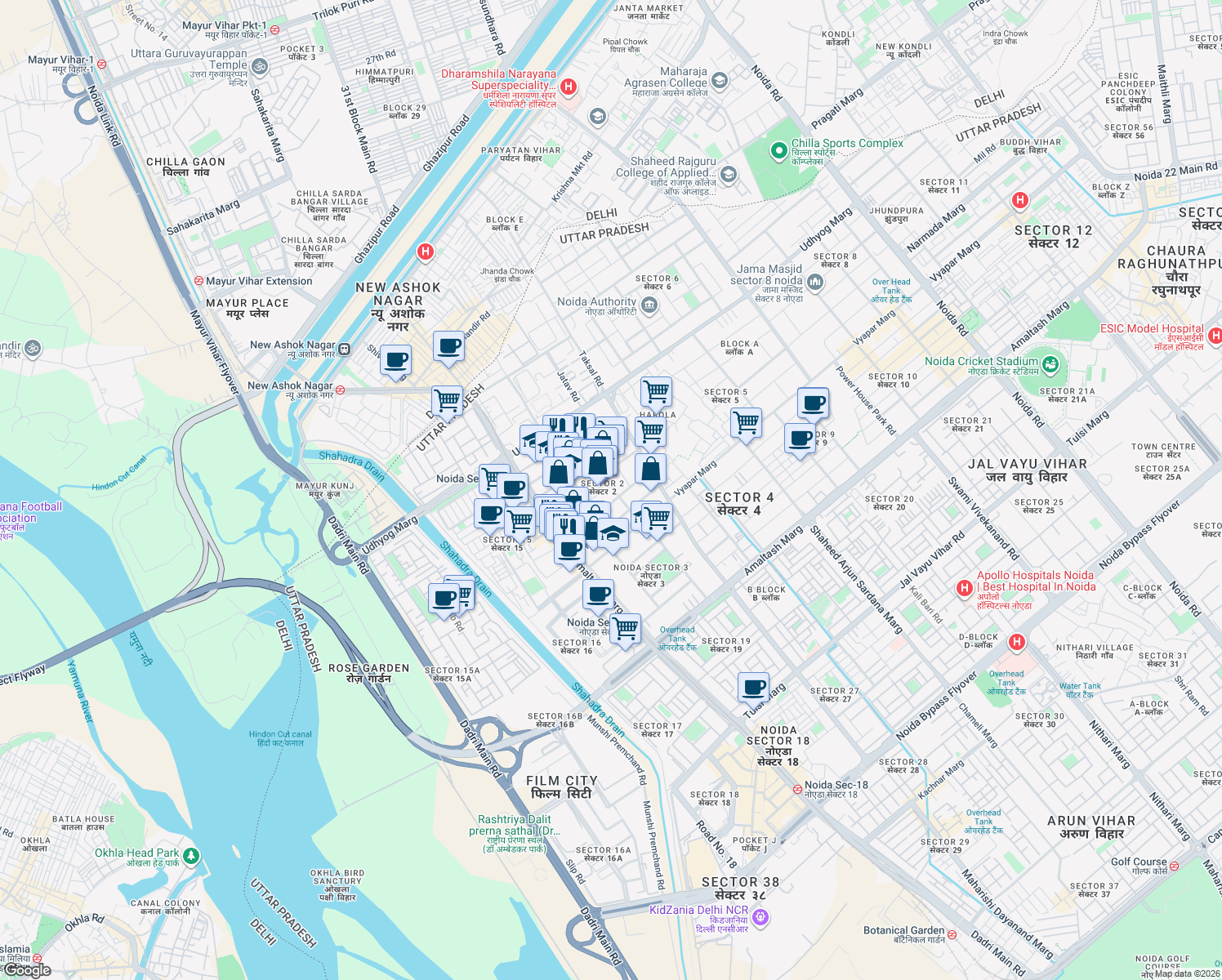 map of restaurants, bars, coffee shops, grocery stores, and more near in Noida