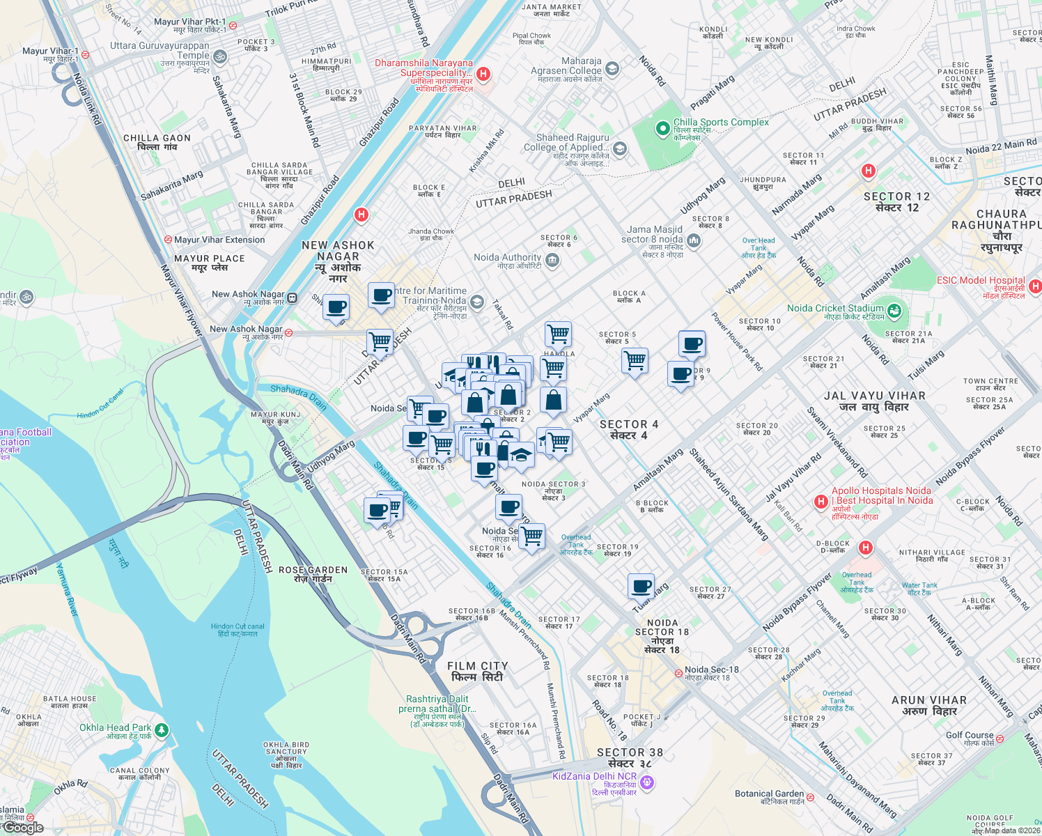 map of restaurants, bars, coffee shops, grocery stores, and more near in Noida