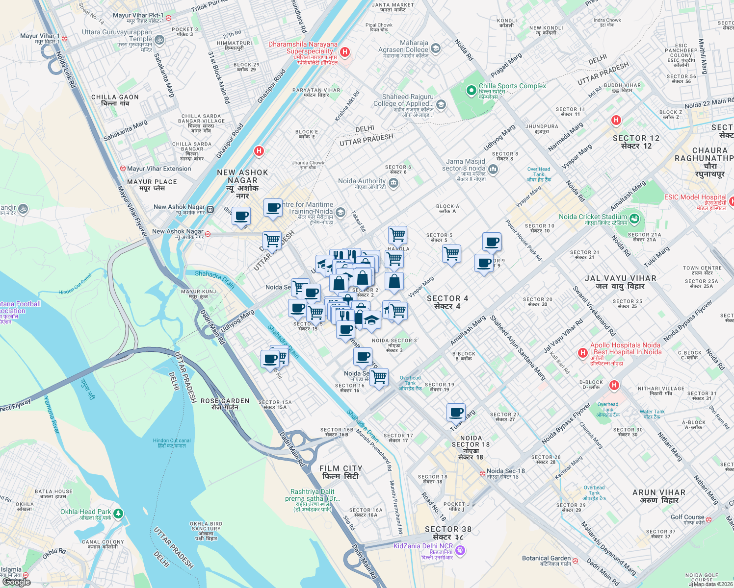 map of restaurants, bars, coffee shops, grocery stores, and more near in Noida