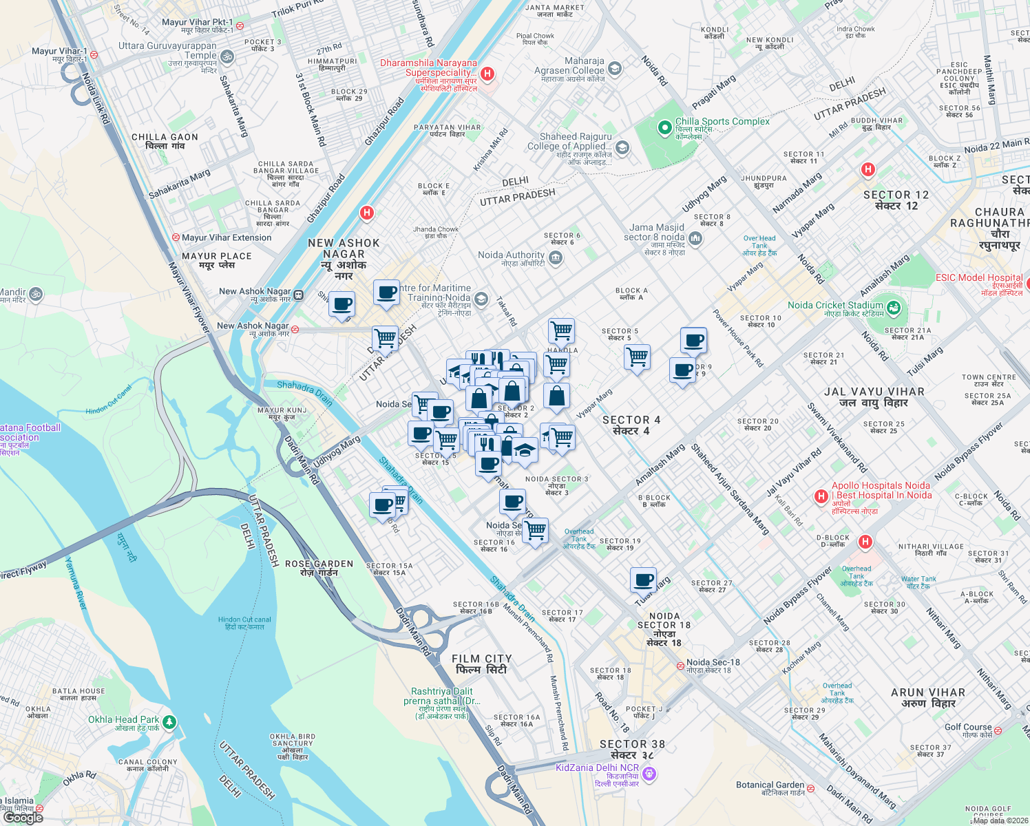 map of restaurants, bars, coffee shops, grocery stores, and more near in Noida