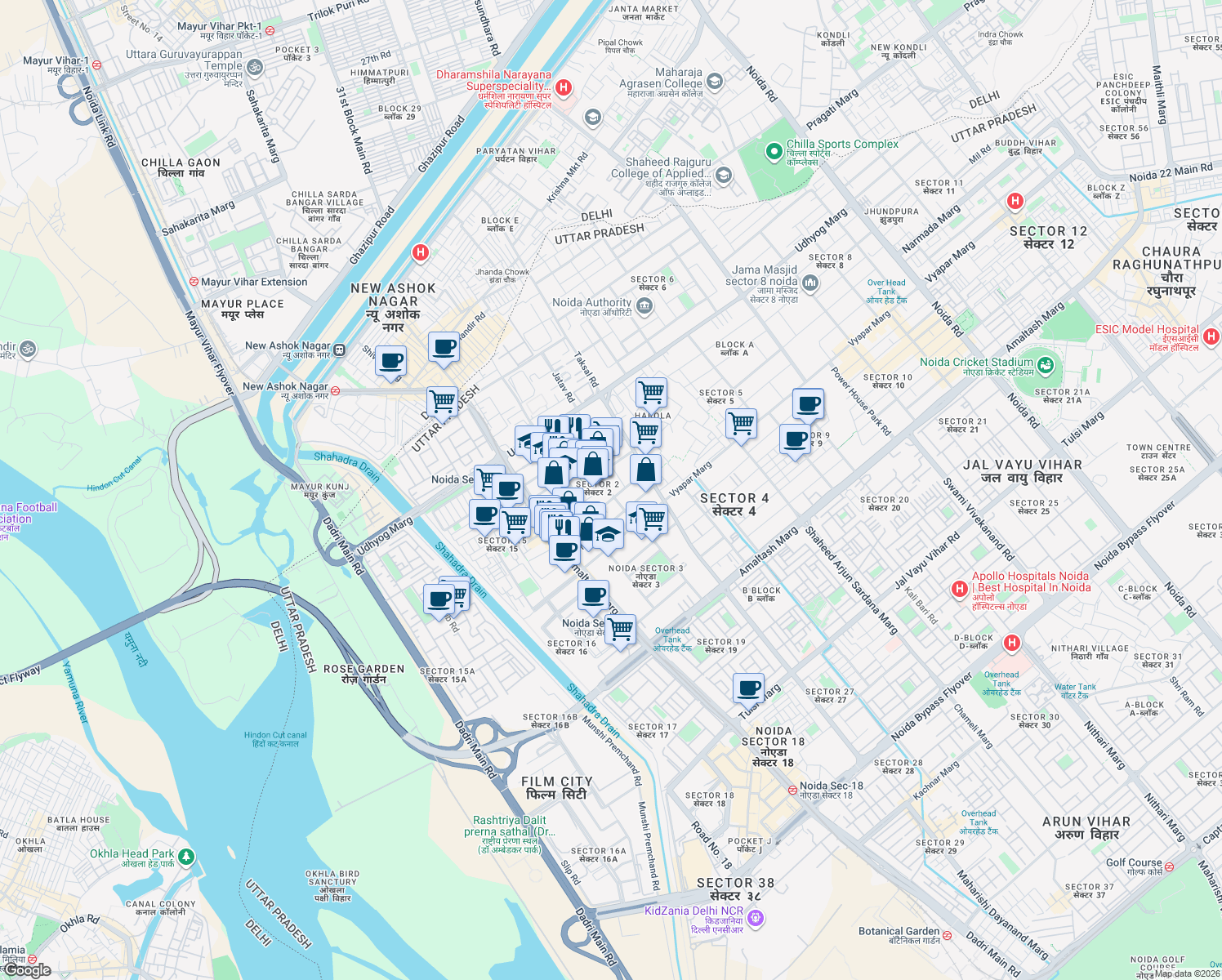 map of restaurants, bars, coffee shops, grocery stores, and more near in Noida