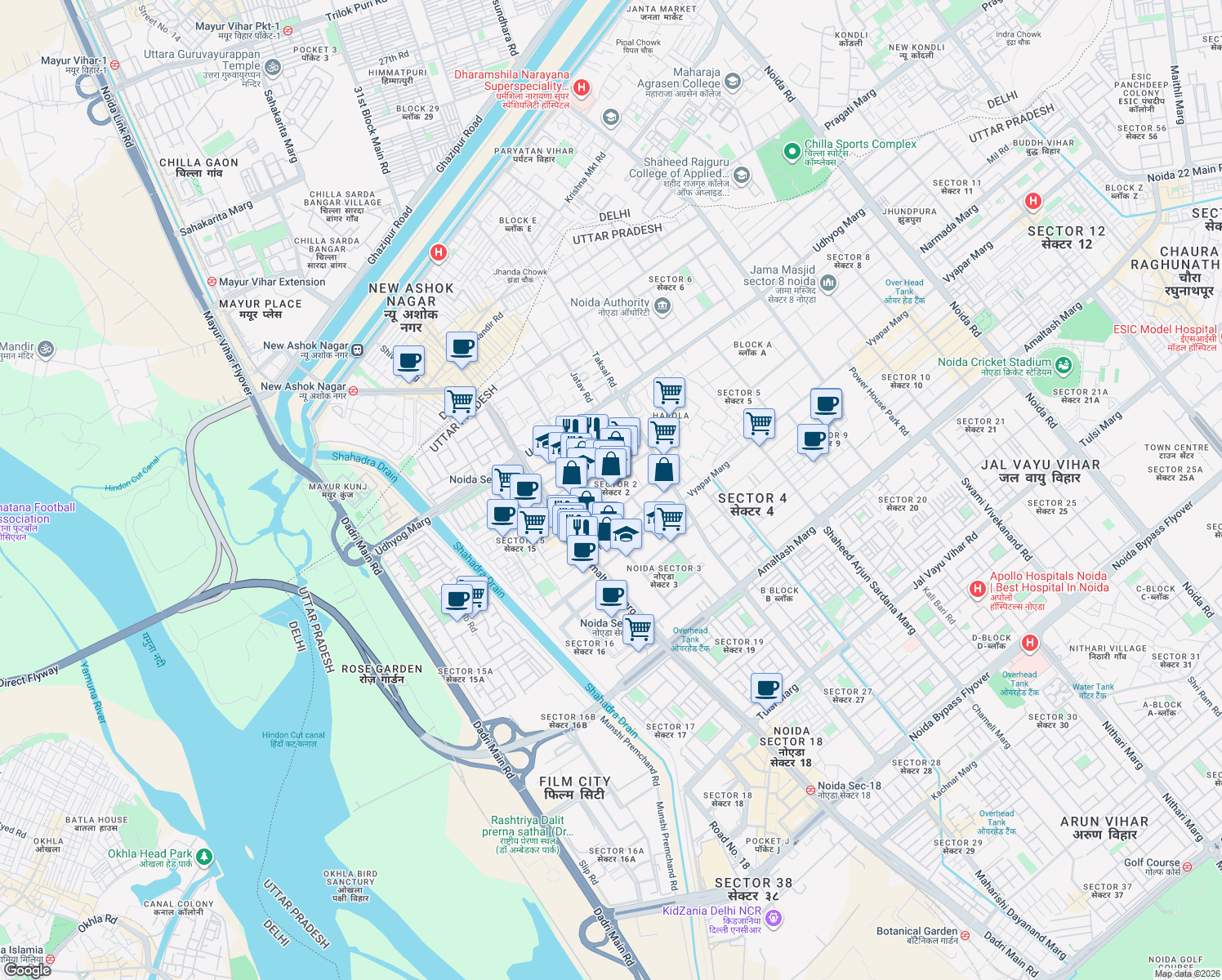 map of restaurants, bars, coffee shops, grocery stores, and more near in Noida