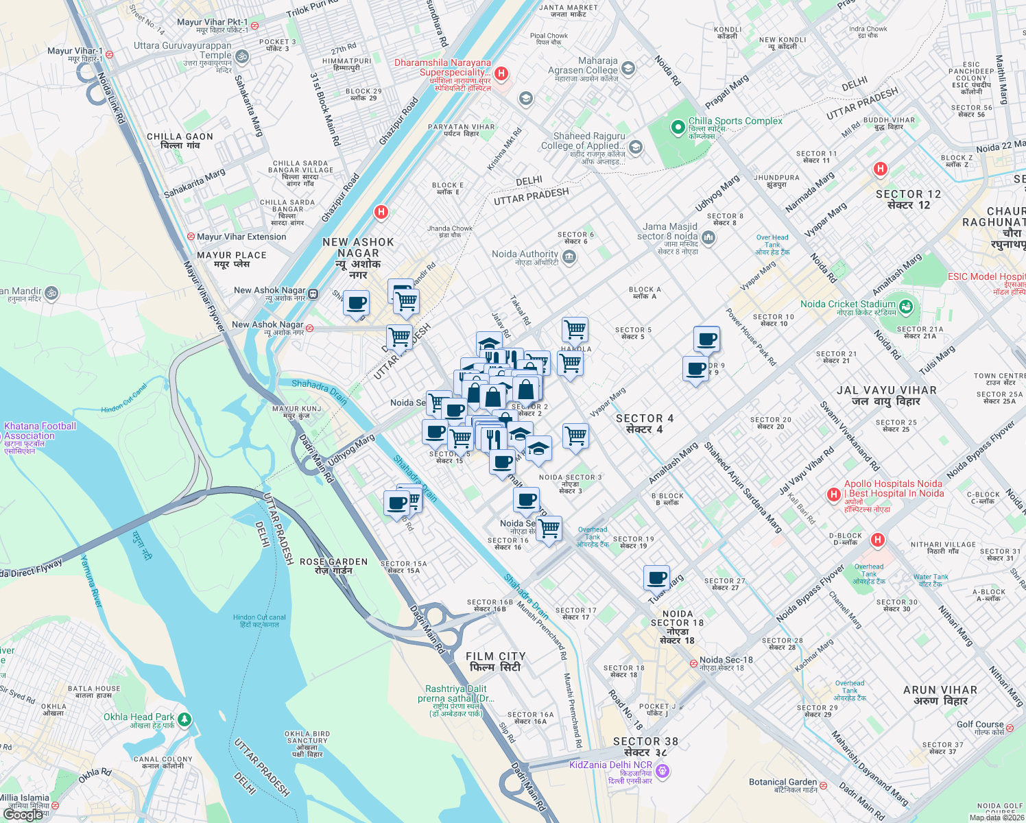 map of restaurants, bars, coffee shops, grocery stores, and more near in Noida