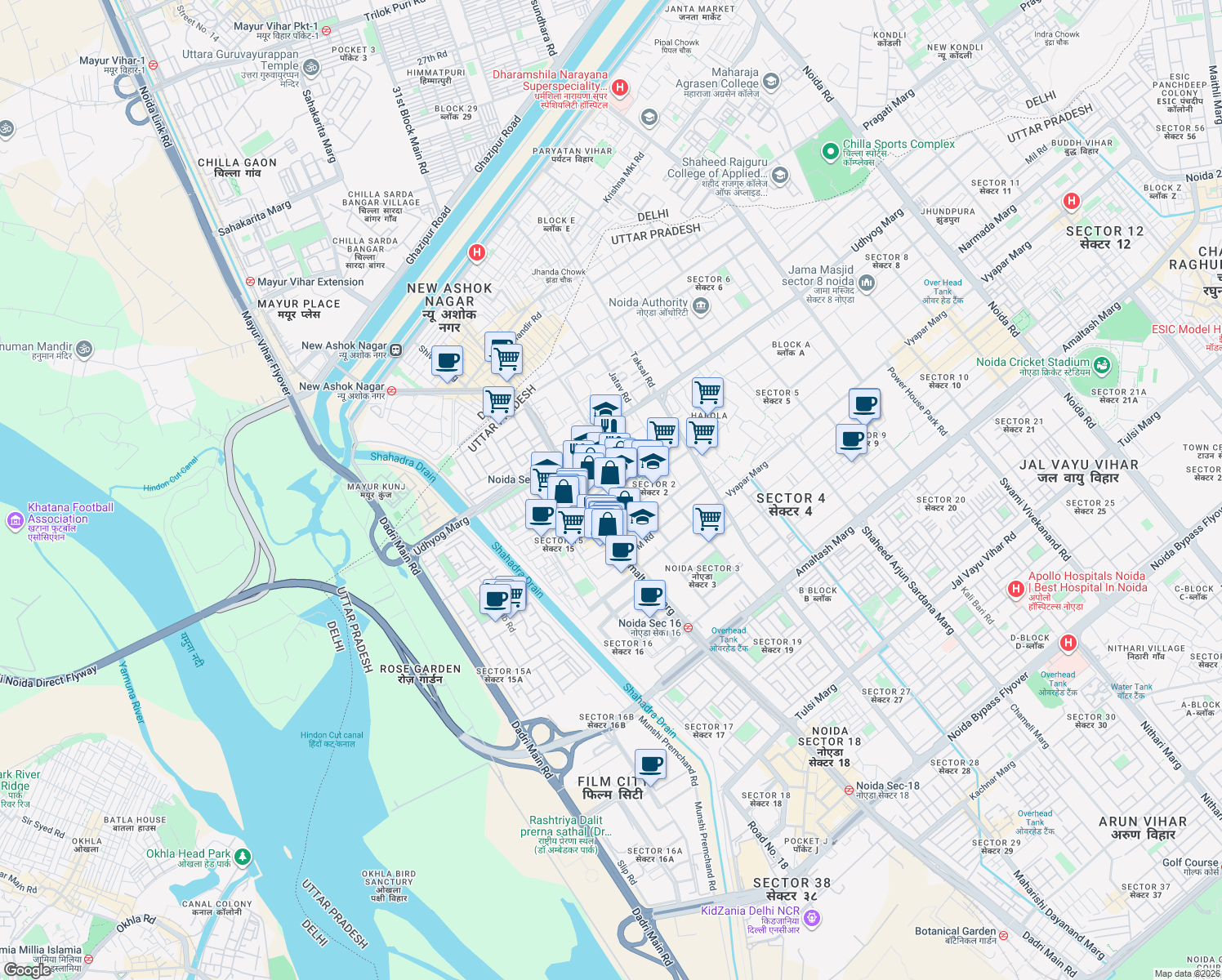 map of restaurants, bars, coffee shops, grocery stores, and more near in Noida