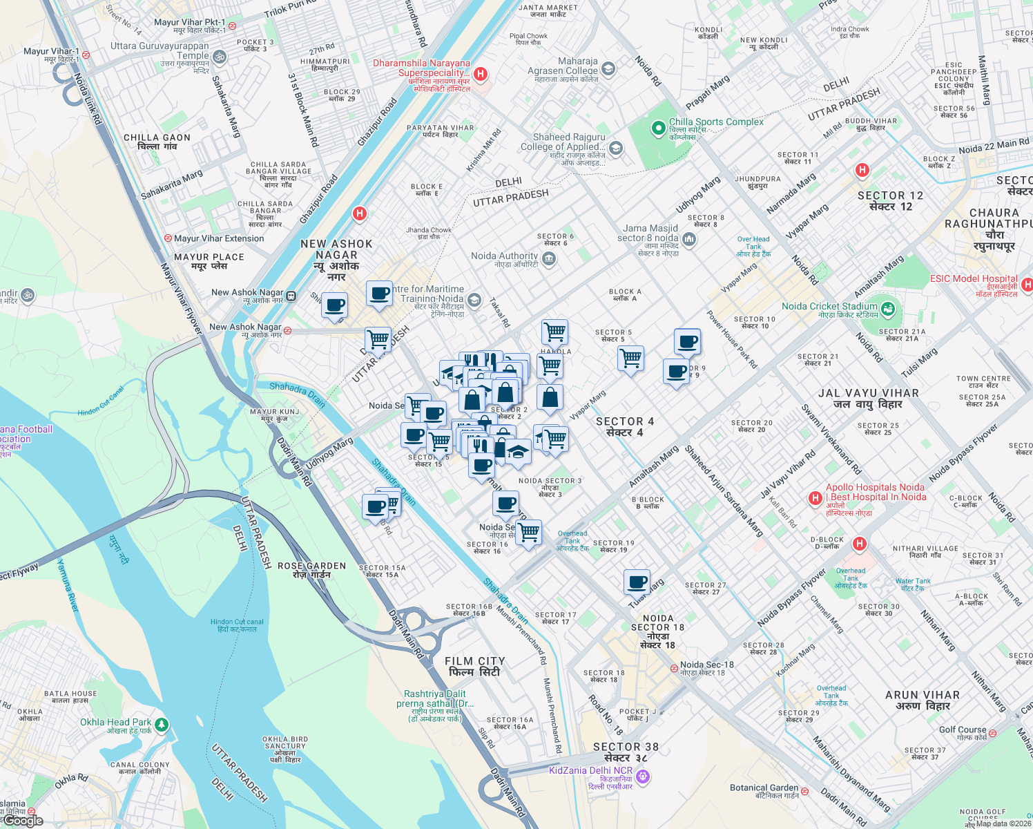 map of restaurants, bars, coffee shops, grocery stores, and more near in Noida