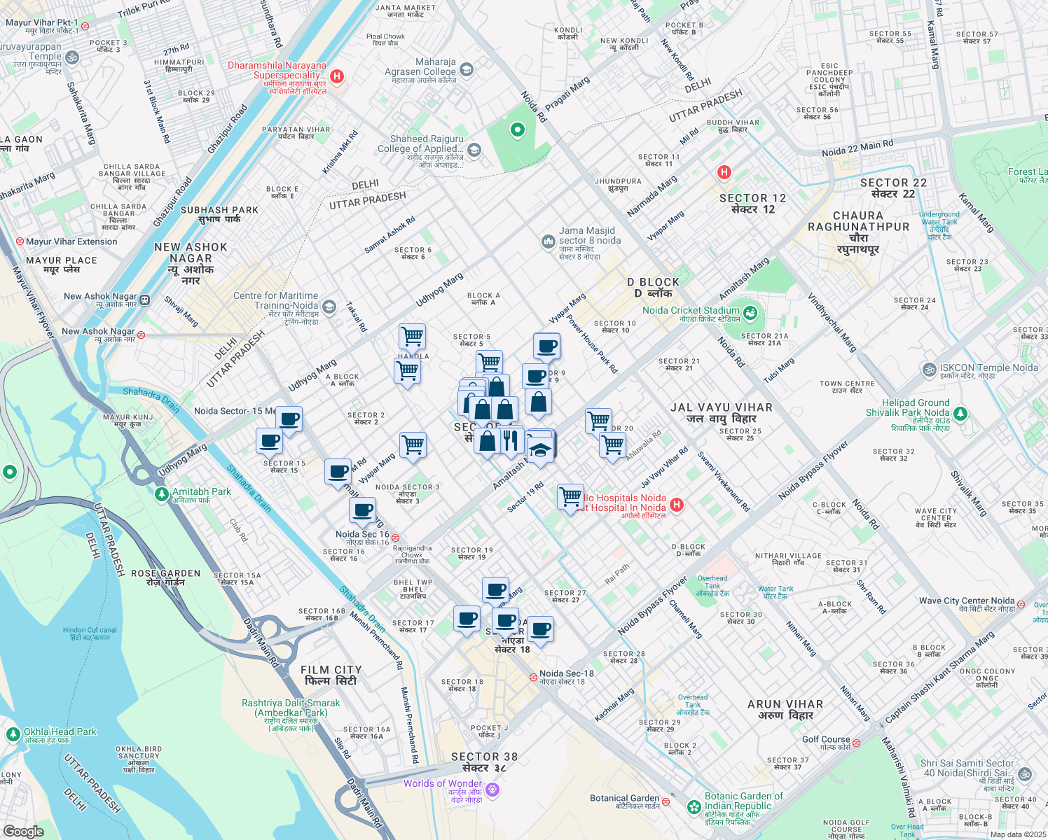 map of restaurants, bars, coffee shops, grocery stores, and more near B-46 Shaheed Arjun Sardana Marg in Noida