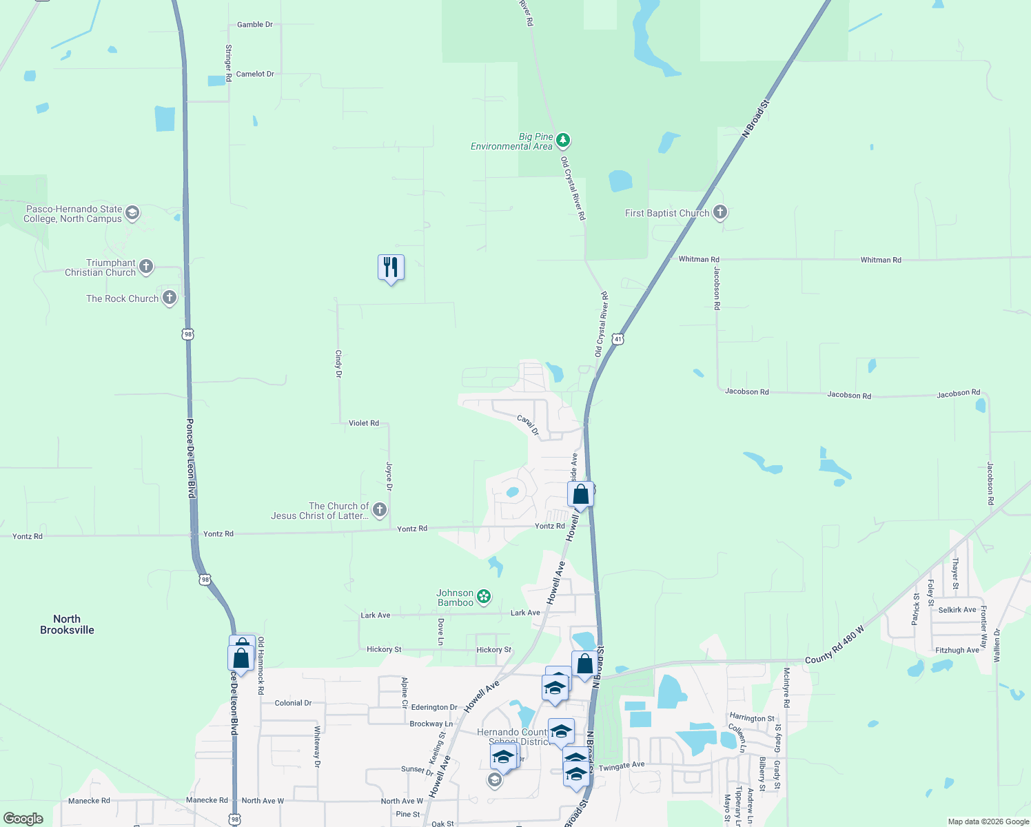 map of restaurants, bars, coffee shops, grocery stores, and more near 21351 Canal Drive in Brooksville