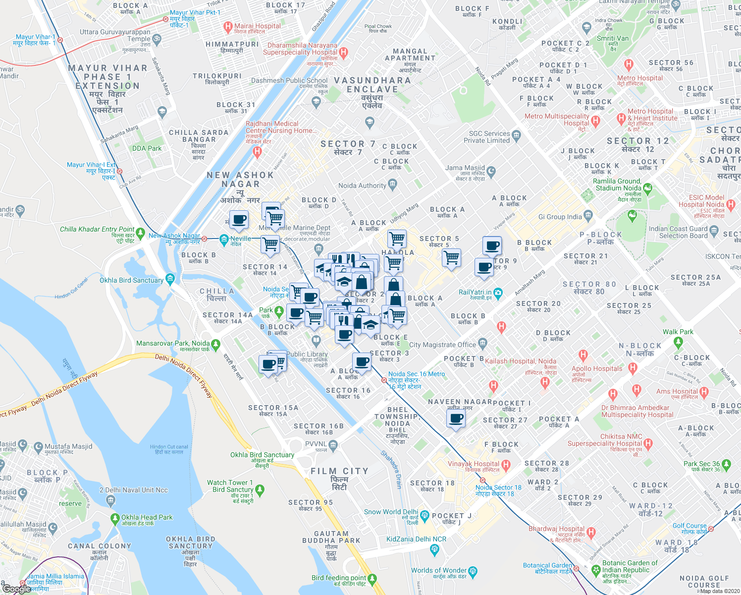 map of restaurants, bars, coffee shops, grocery stores, and more near in Noida