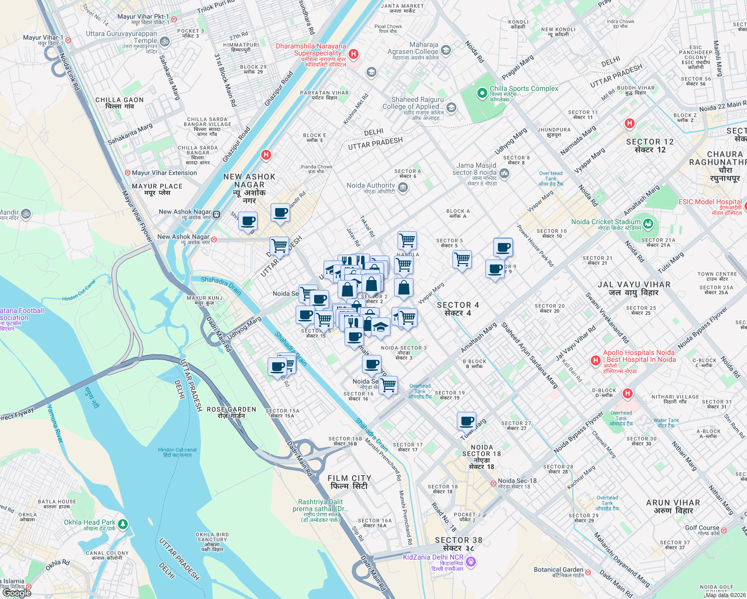 map of restaurants, bars, coffee shops, grocery stores, and more near in Noida