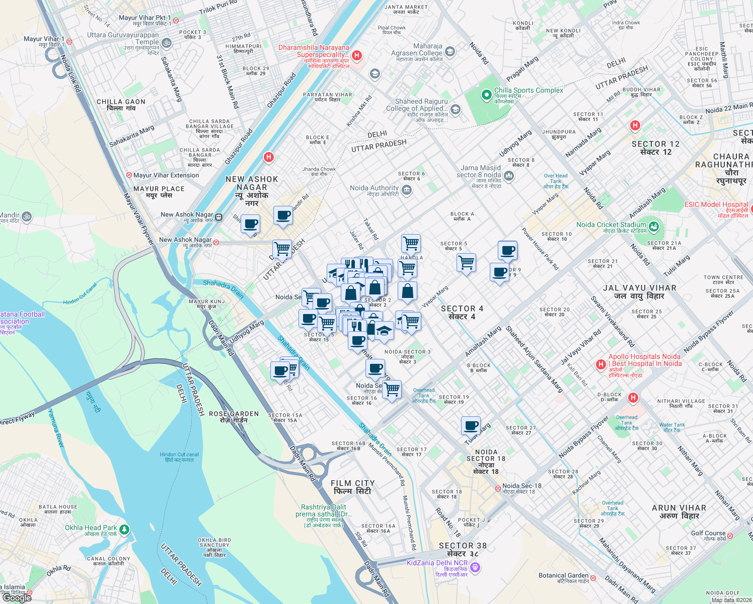 map of restaurants, bars, coffee shops, grocery stores, and more near in Noida
