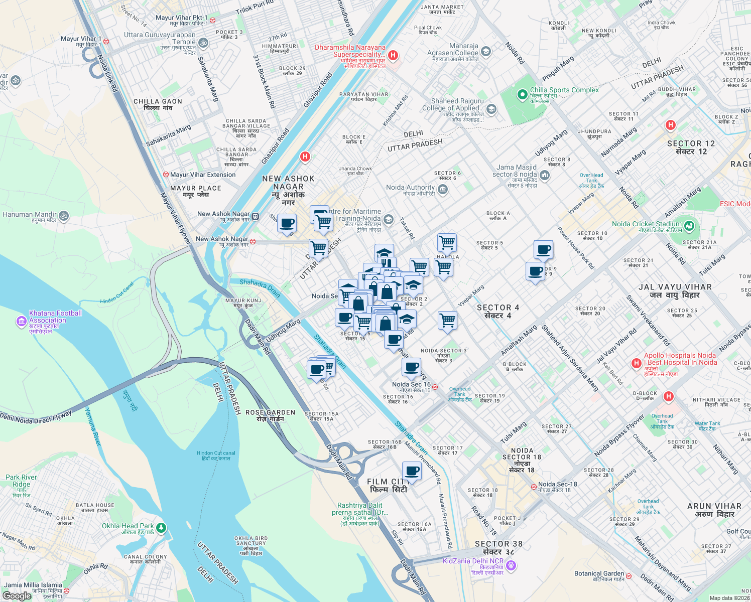 map of restaurants, bars, coffee shops, grocery stores, and more near in Noida