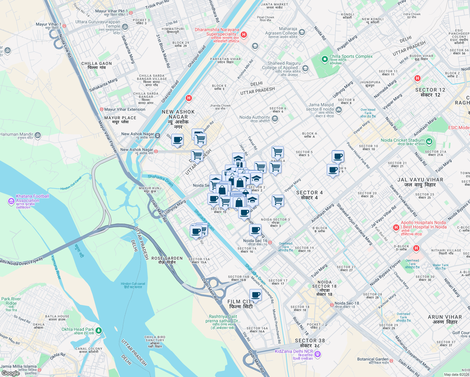 map of restaurants, bars, coffee shops, grocery stores, and more near in Noida