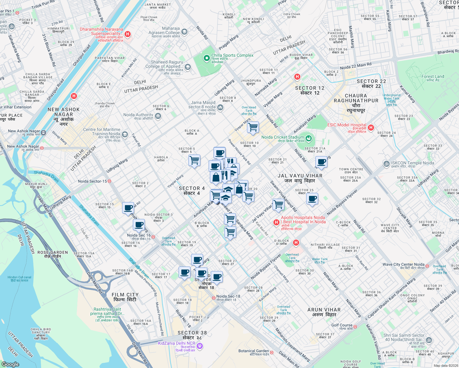 map of restaurants, bars, coffee shops, grocery stores, and more near in Noida