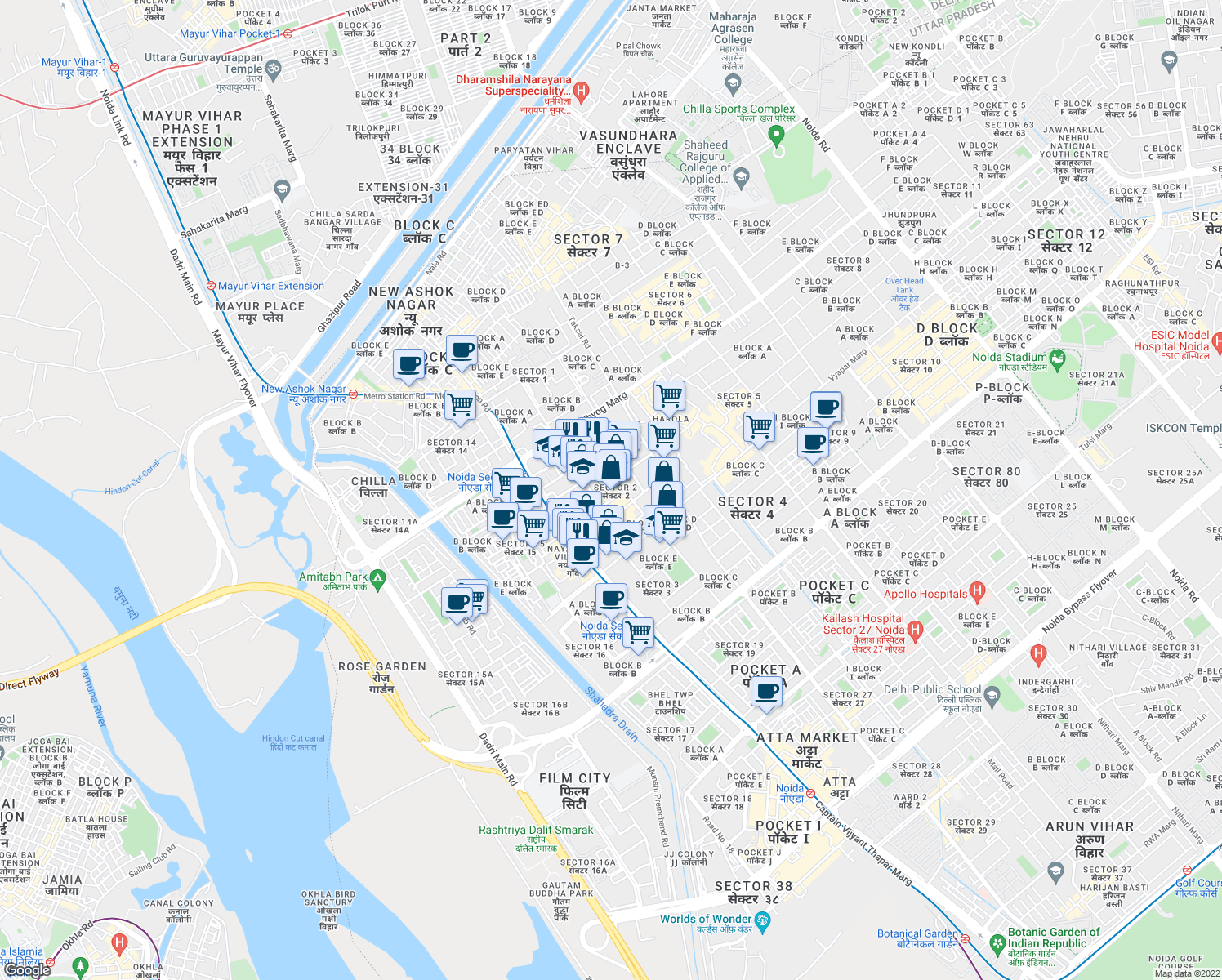 map of restaurants, bars, coffee shops, grocery stores, and more near in Noida