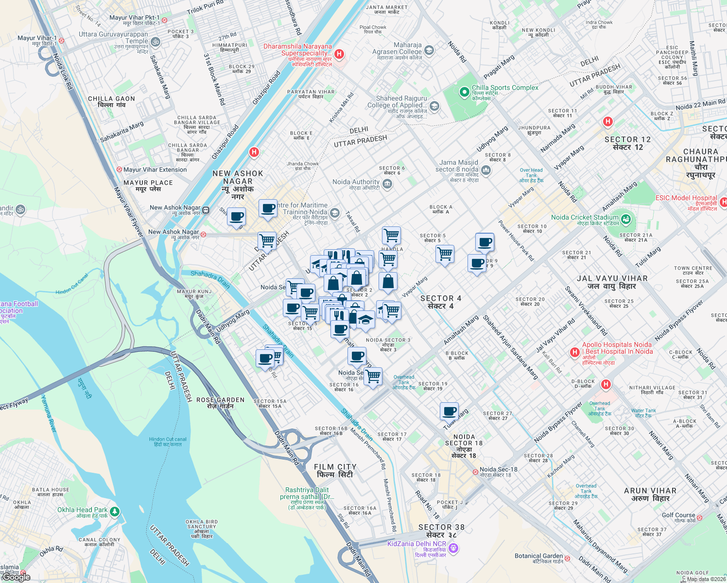 map of restaurants, bars, coffee shops, grocery stores, and more near in Noida