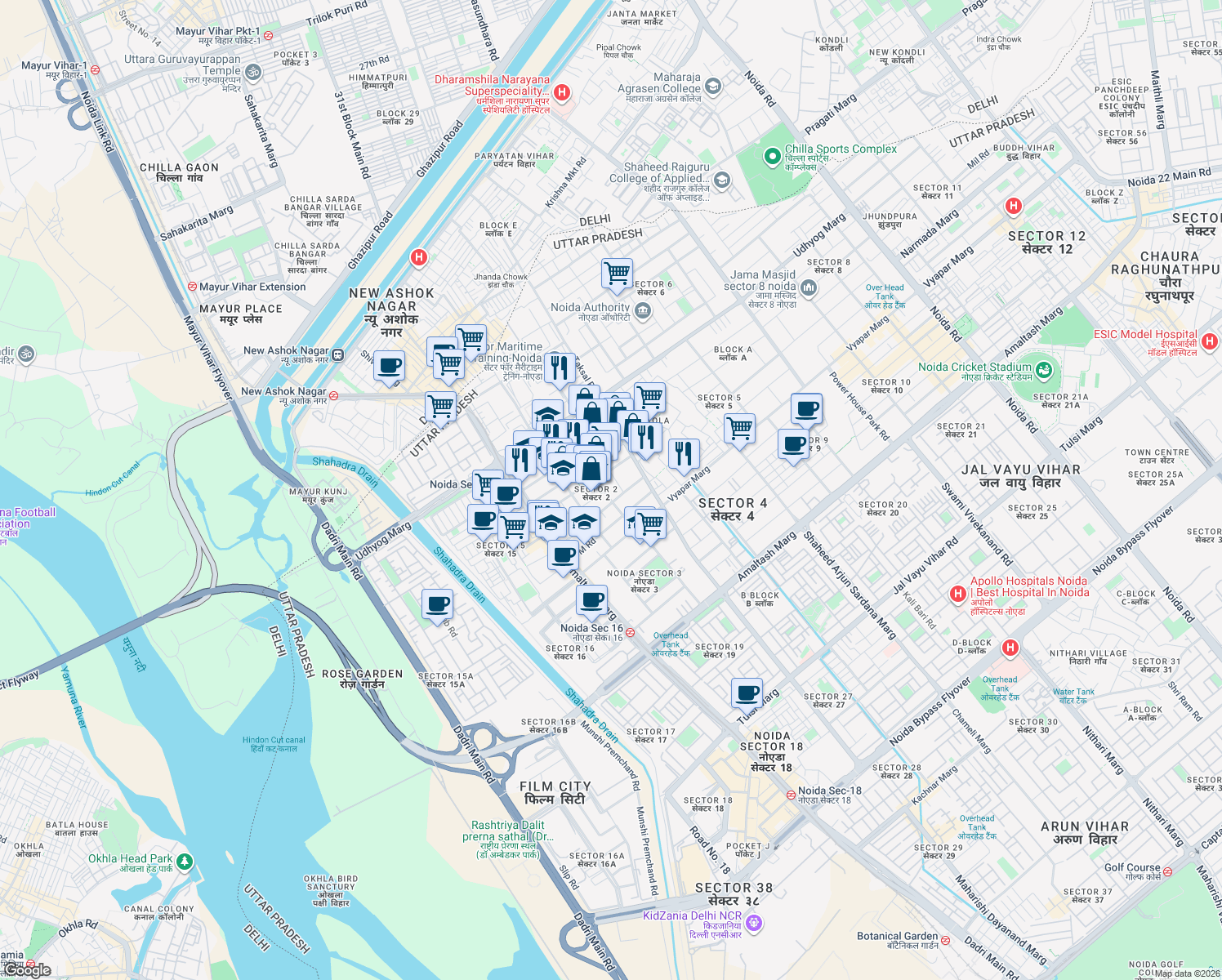 map of restaurants, bars, coffee shops, grocery stores, and more near in Noida