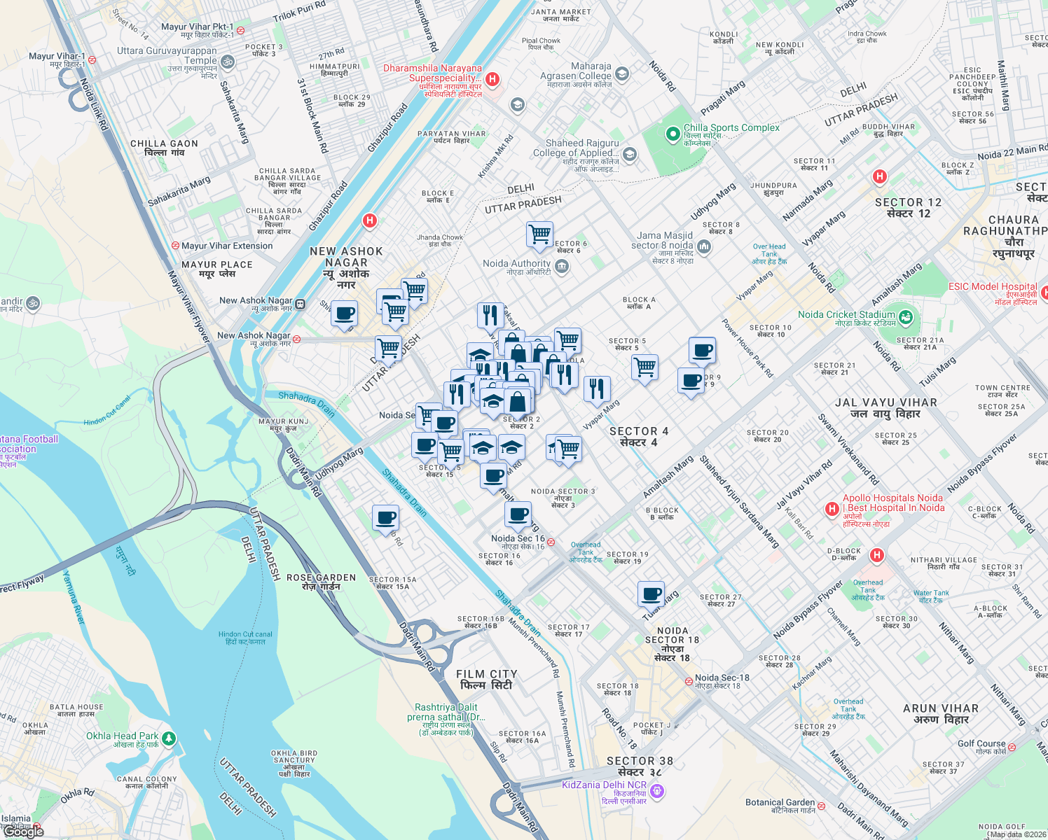 map of restaurants, bars, coffee shops, grocery stores, and more near in Noida