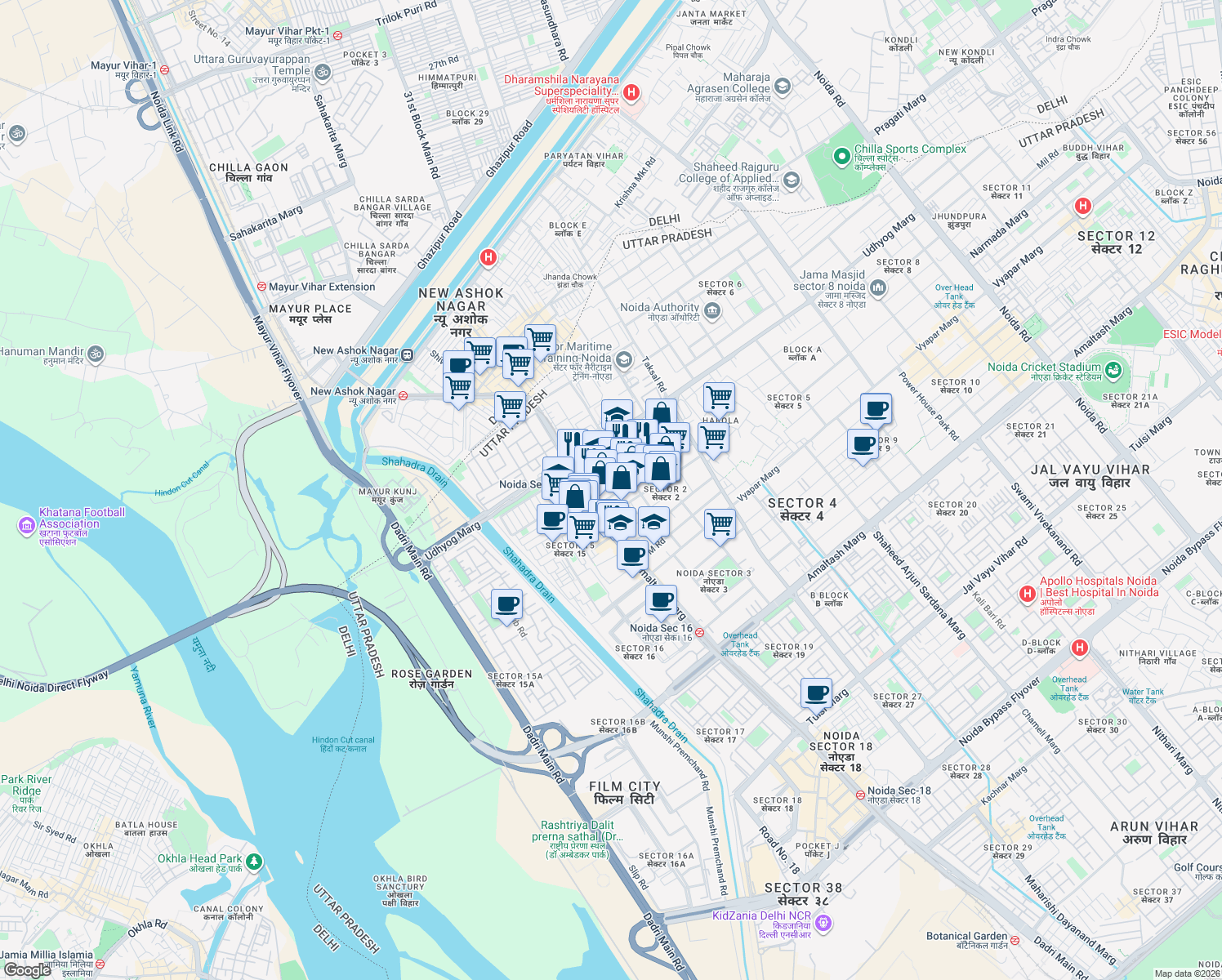 map of restaurants, bars, coffee shops, grocery stores, and more near in Noida
