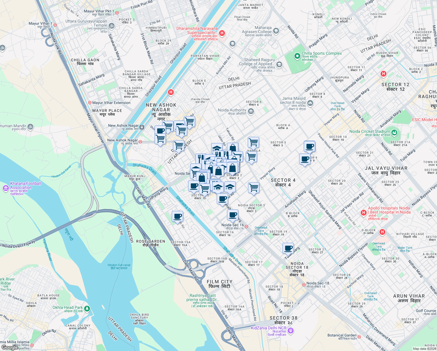 map of restaurants, bars, coffee shops, grocery stores, and more near in Noida