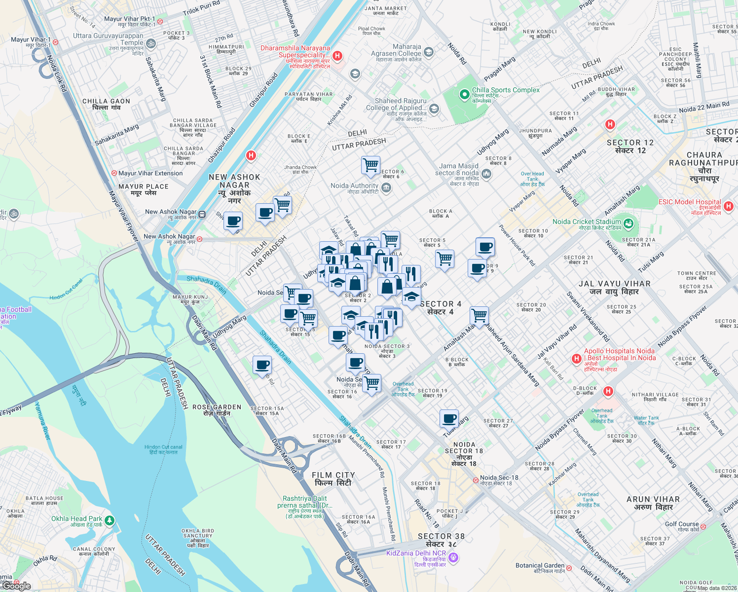 map of restaurants, bars, coffee shops, grocery stores, and more near in Noida