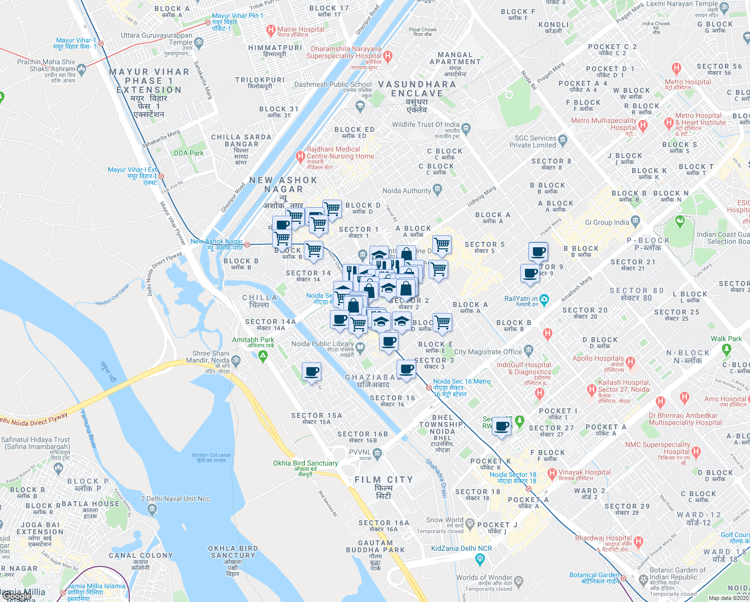map of restaurants, bars, coffee shops, grocery stores, and more near in Noida