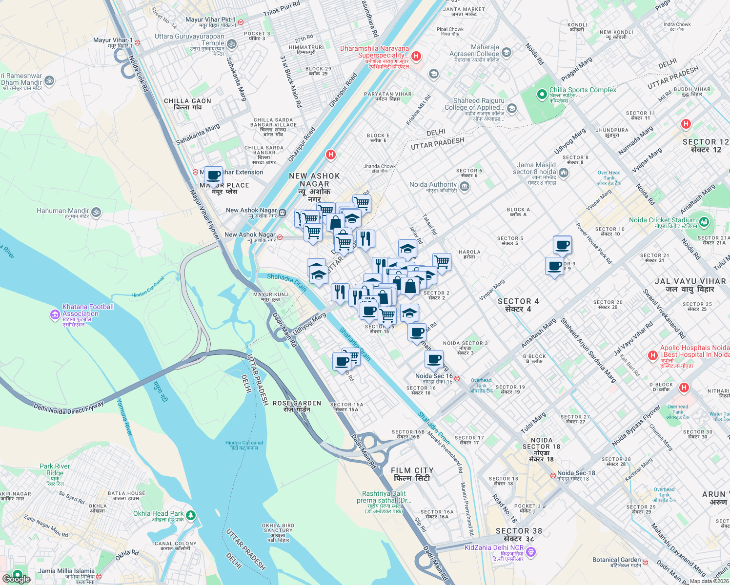map of restaurants, bars, coffee shops, grocery stores, and more near A-1 Udhyog Marg in Noida