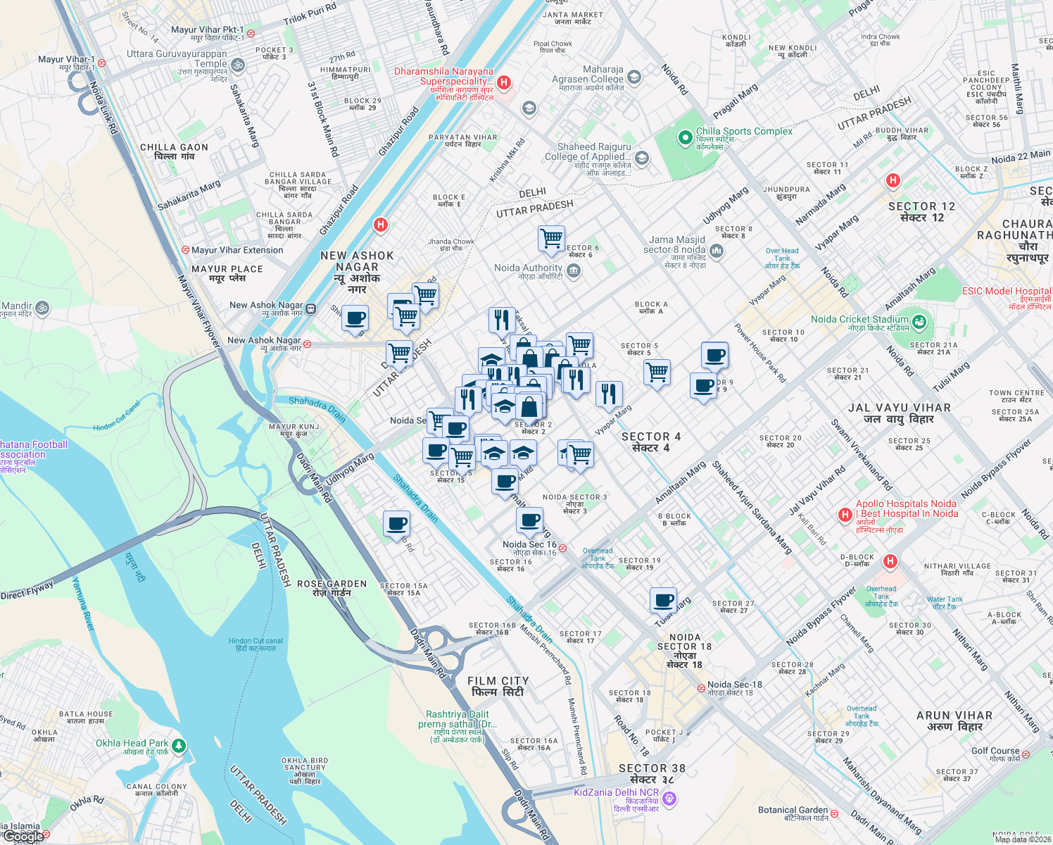 map of restaurants, bars, coffee shops, grocery stores, and more near in Noida