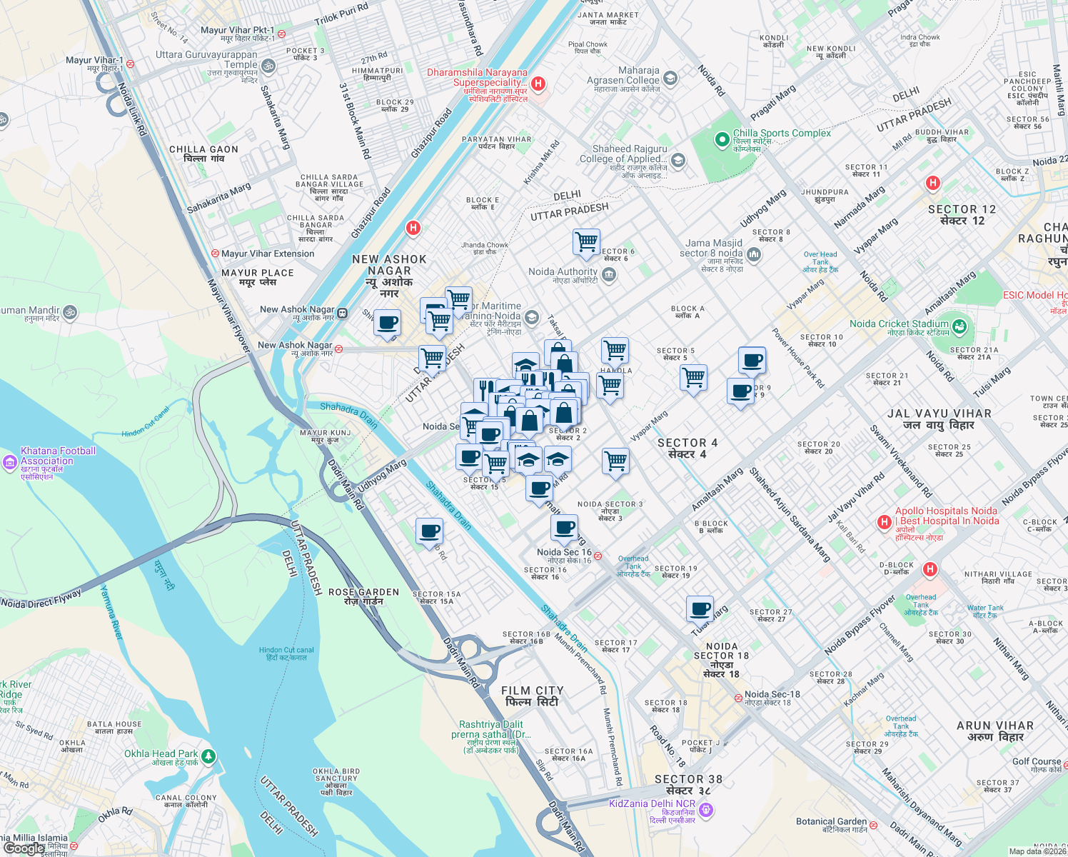map of restaurants, bars, coffee shops, grocery stores, and more near in Noida