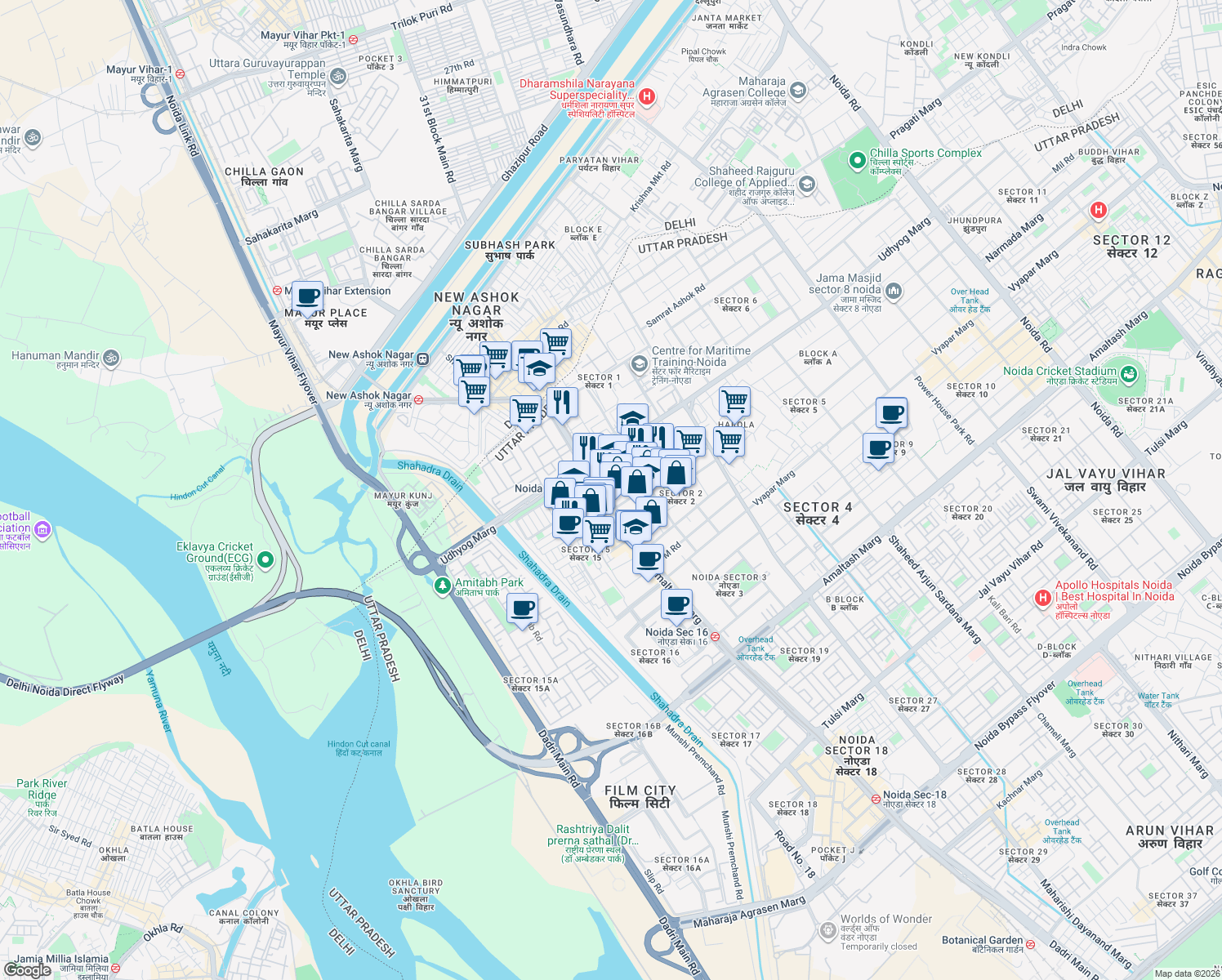 map of restaurants, bars, coffee shops, grocery stores, and more near in Noida
