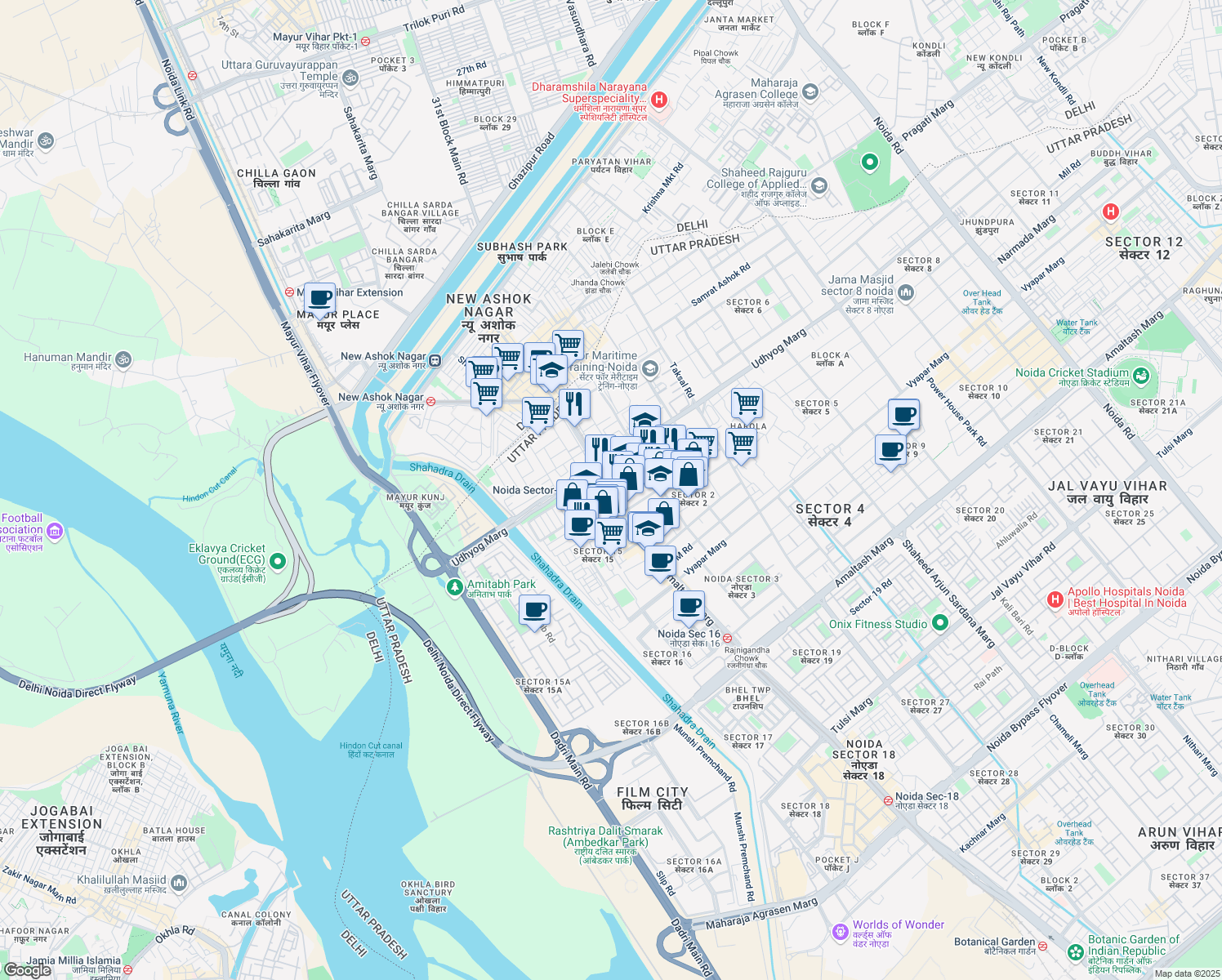 map of restaurants, bars, coffee shops, grocery stores, and more near Captain Vijyant Thapar Marg in Noida