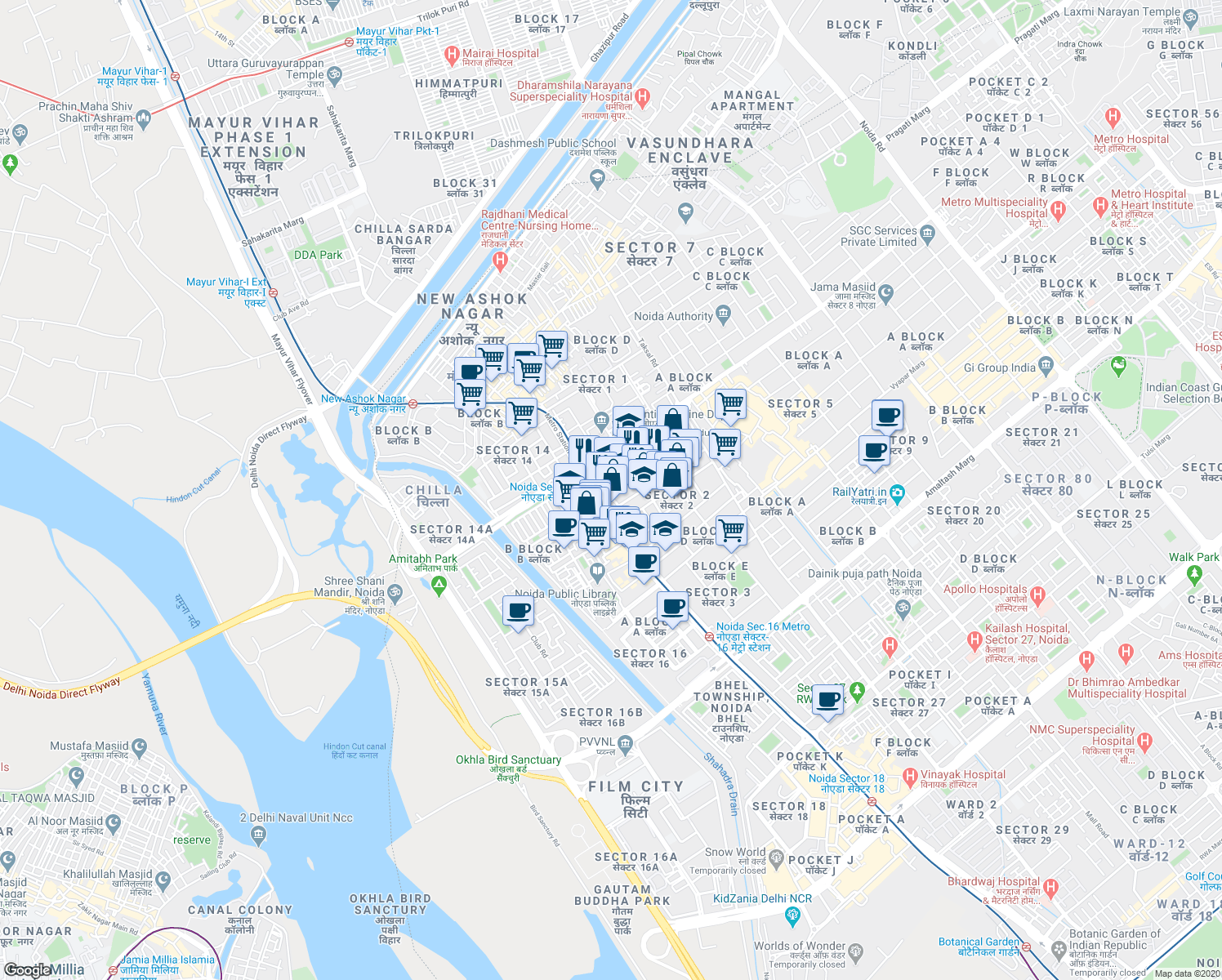 map of restaurants, bars, coffee shops, grocery stores, and more near in Noida