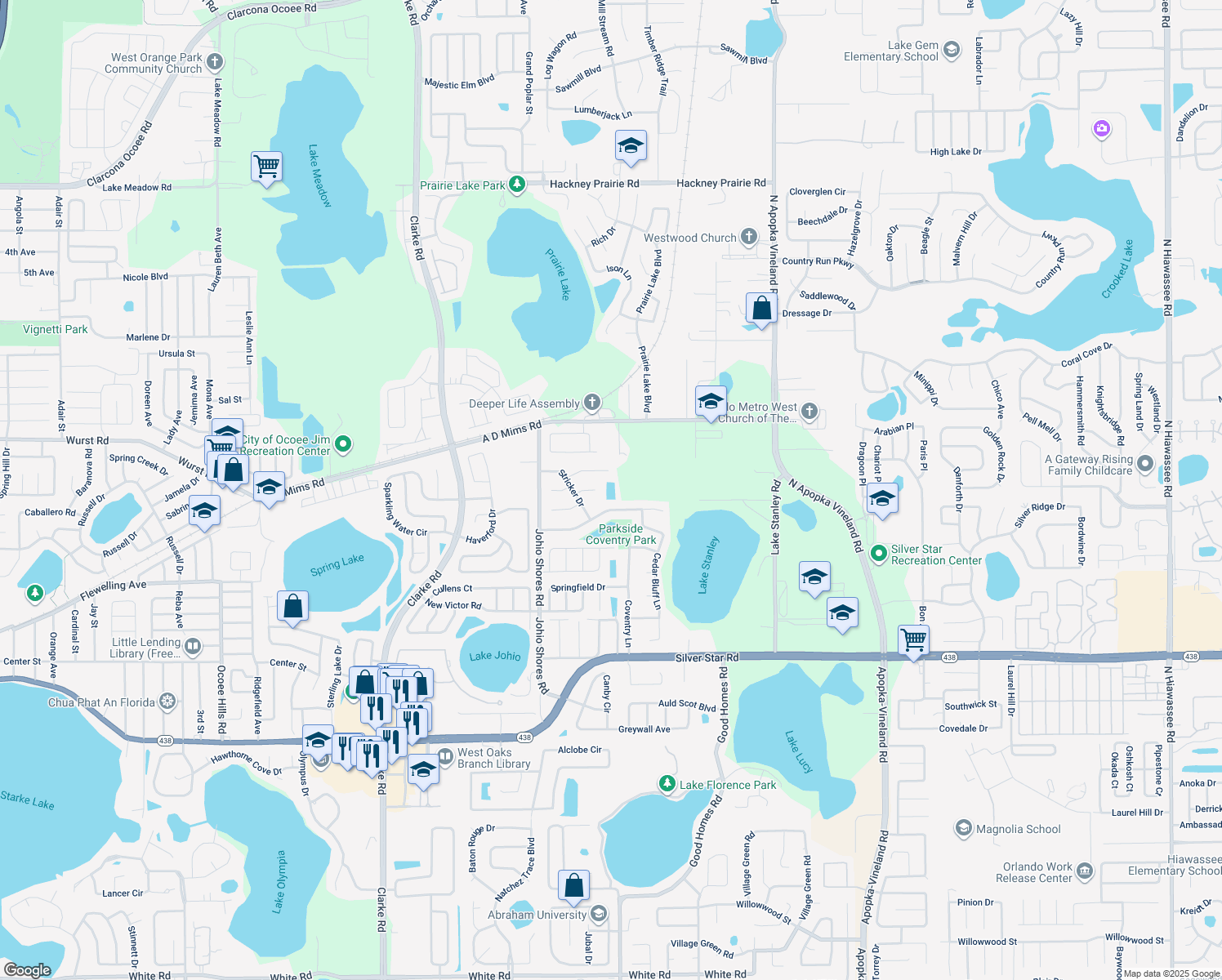 map of restaurants, bars, coffee shops, grocery stores, and more near 2426 Liela Lee Court in Ocoee
