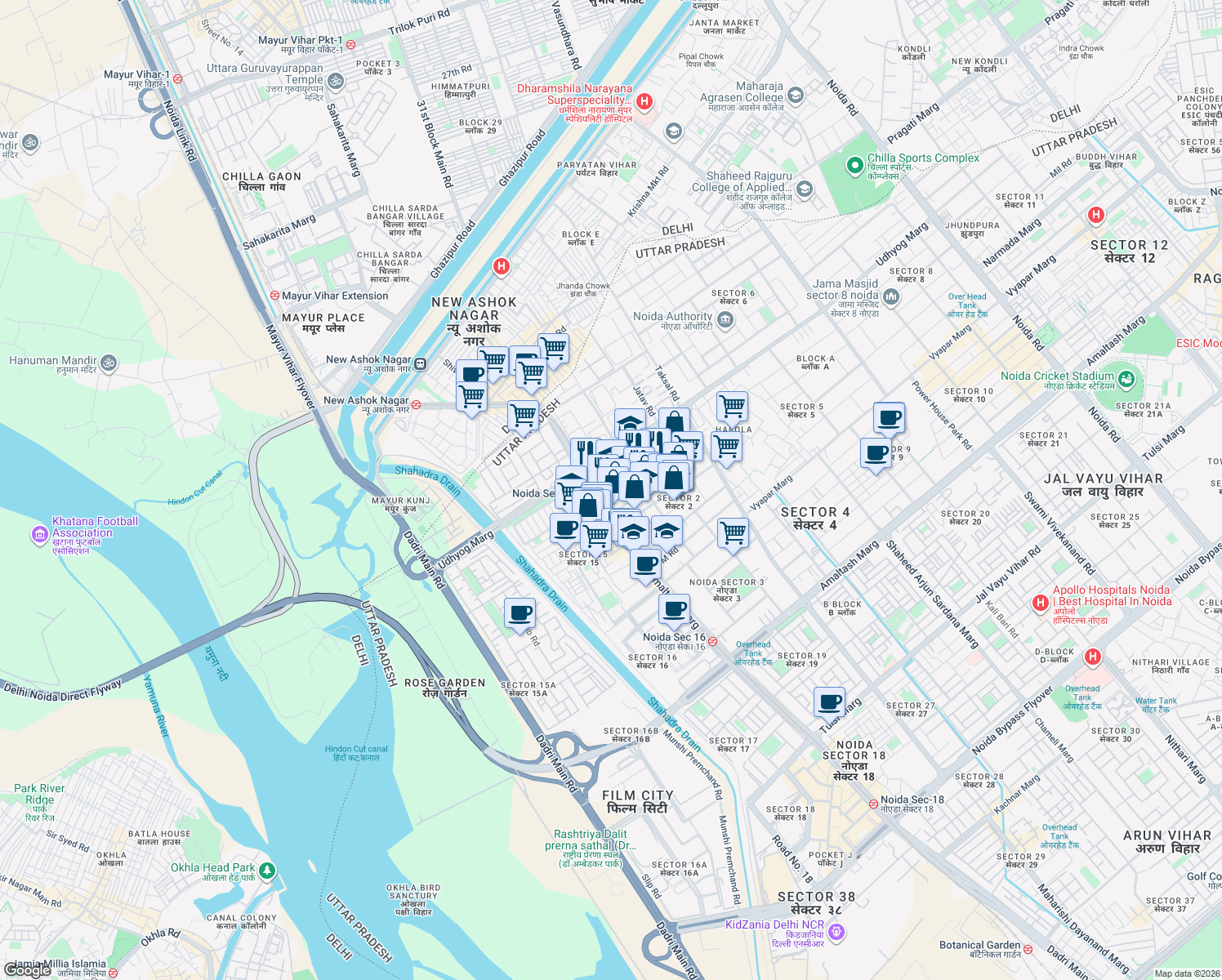 map of restaurants, bars, coffee shops, grocery stores, and more near in Noida