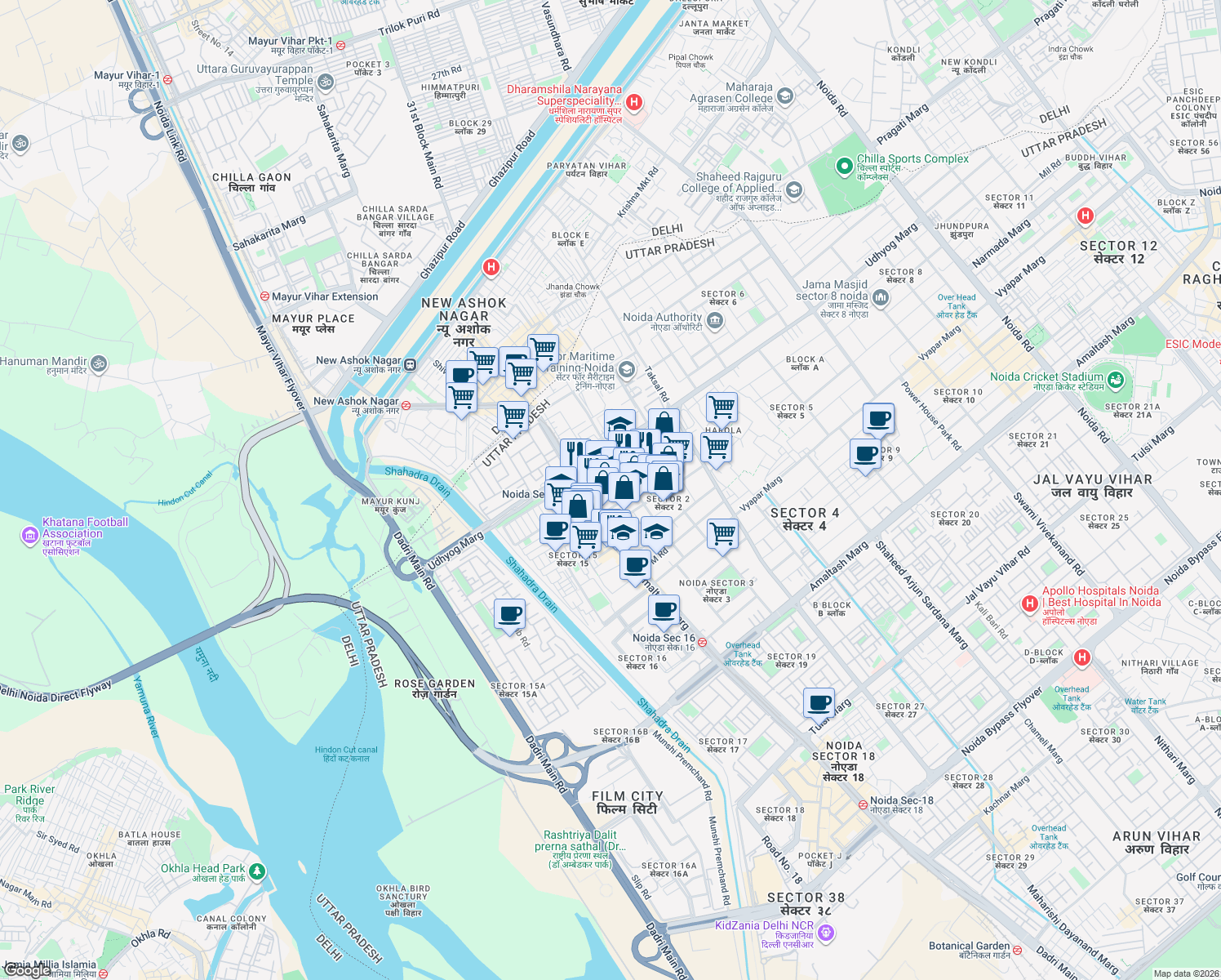 map of restaurants, bars, coffee shops, grocery stores, and more near in Noida