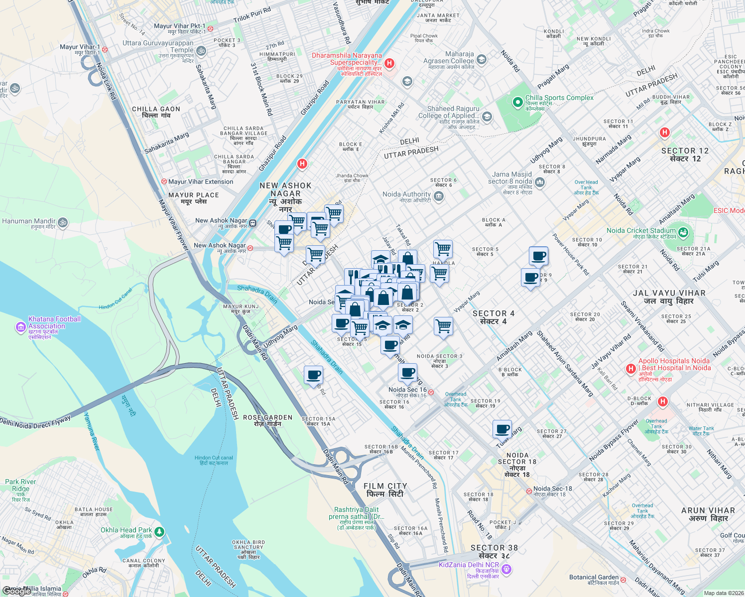 map of restaurants, bars, coffee shops, grocery stores, and more near B Block Road in Noida