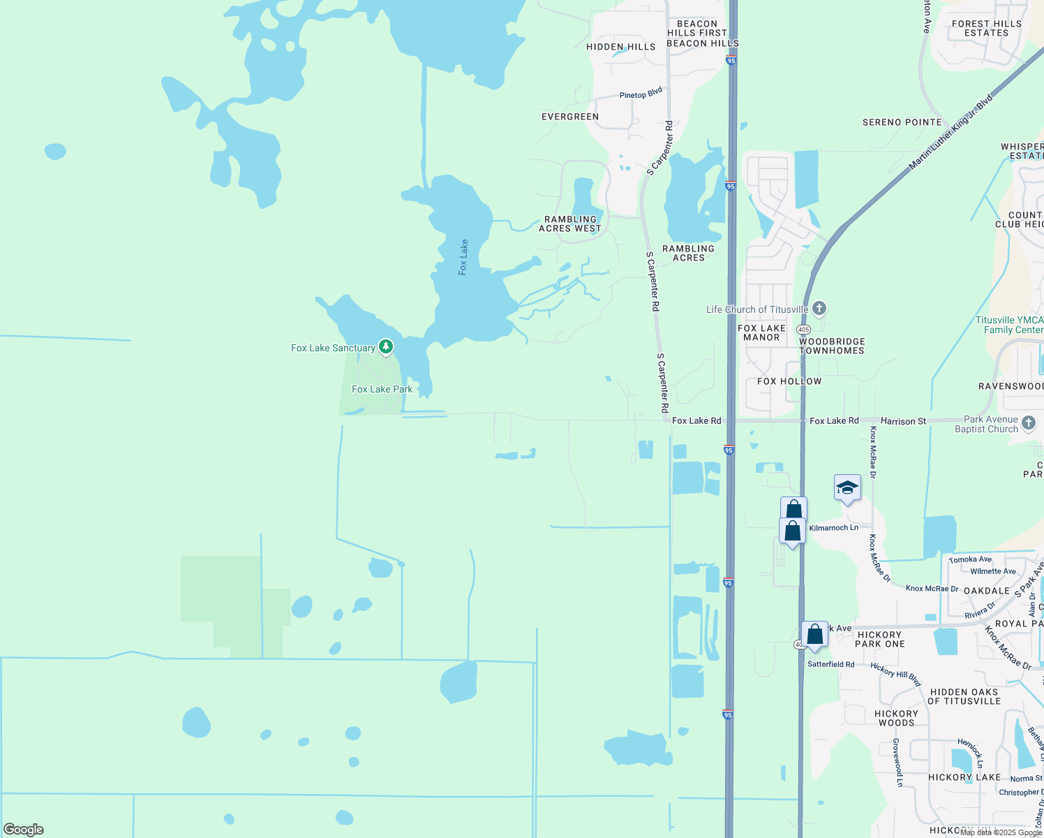map of restaurants, bars, coffee shops, grocery stores, and more near 4105 Fox Lake Road in Titusville